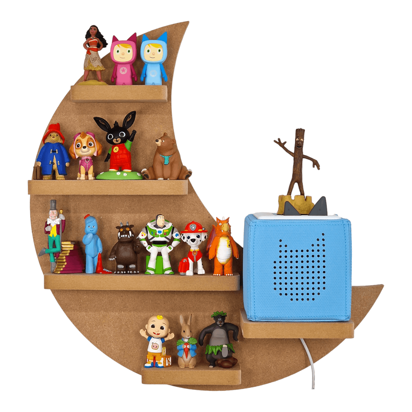 Crescent Moon shaped display shelf for Toniebox, featuring one large MDF shelves for Tonie figure and box storage.