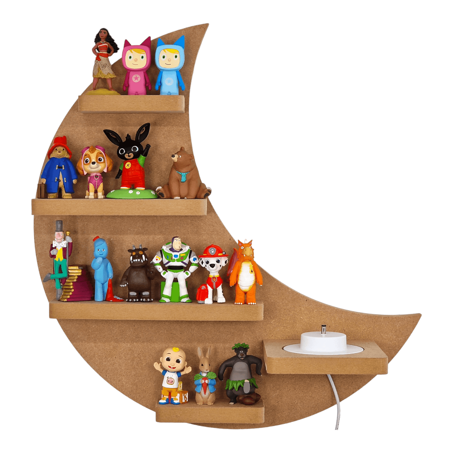 Crescent Moon shaped display shelf for Toniebox, featuring one large MDF shelves for Tonie figure and box storage.