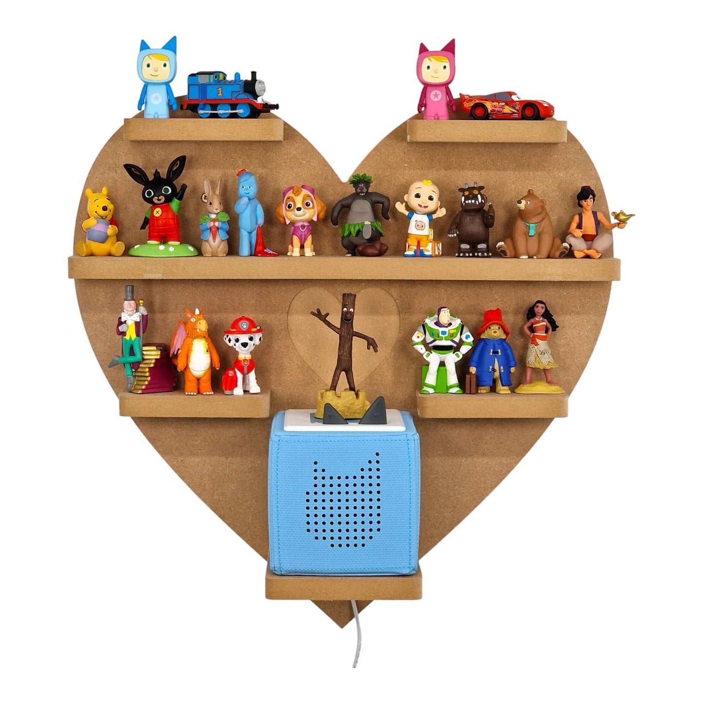 Heart display shelf for Toniebox, featuring one large MDF shelf for Tonie figure and box storage.