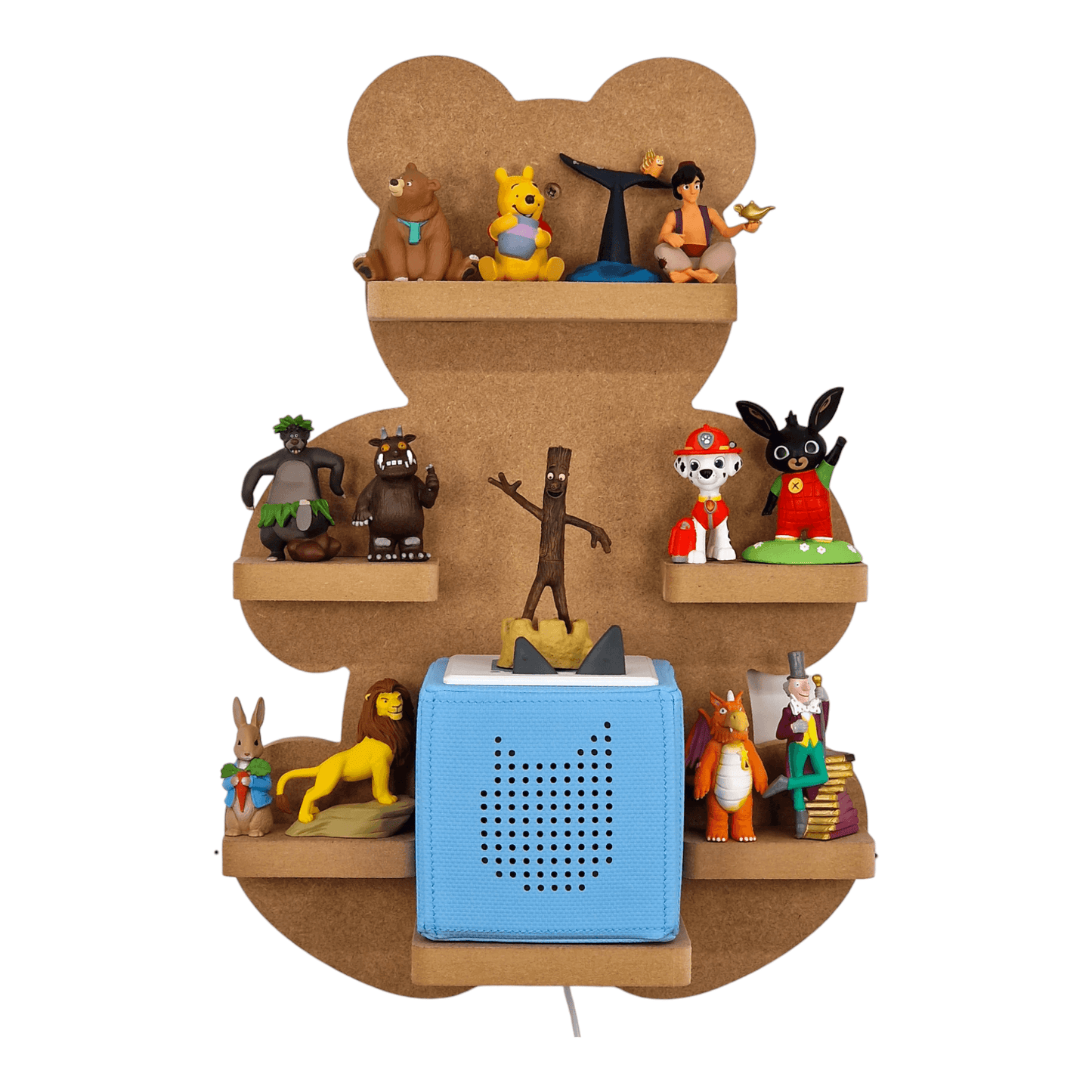 Teddy bear shaped display shelf for Toniebox, featuring one large MDF shelf for Tonie figure and box storage.