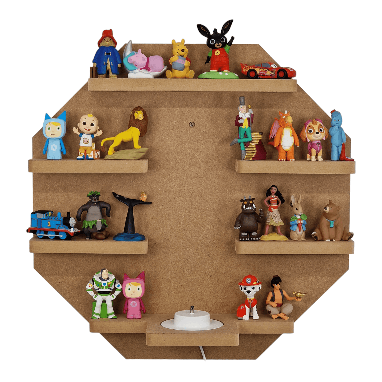 Octagon shaped display shelf for Toniebox, featuring one large MDF shelf for Tonie figure and box storage.