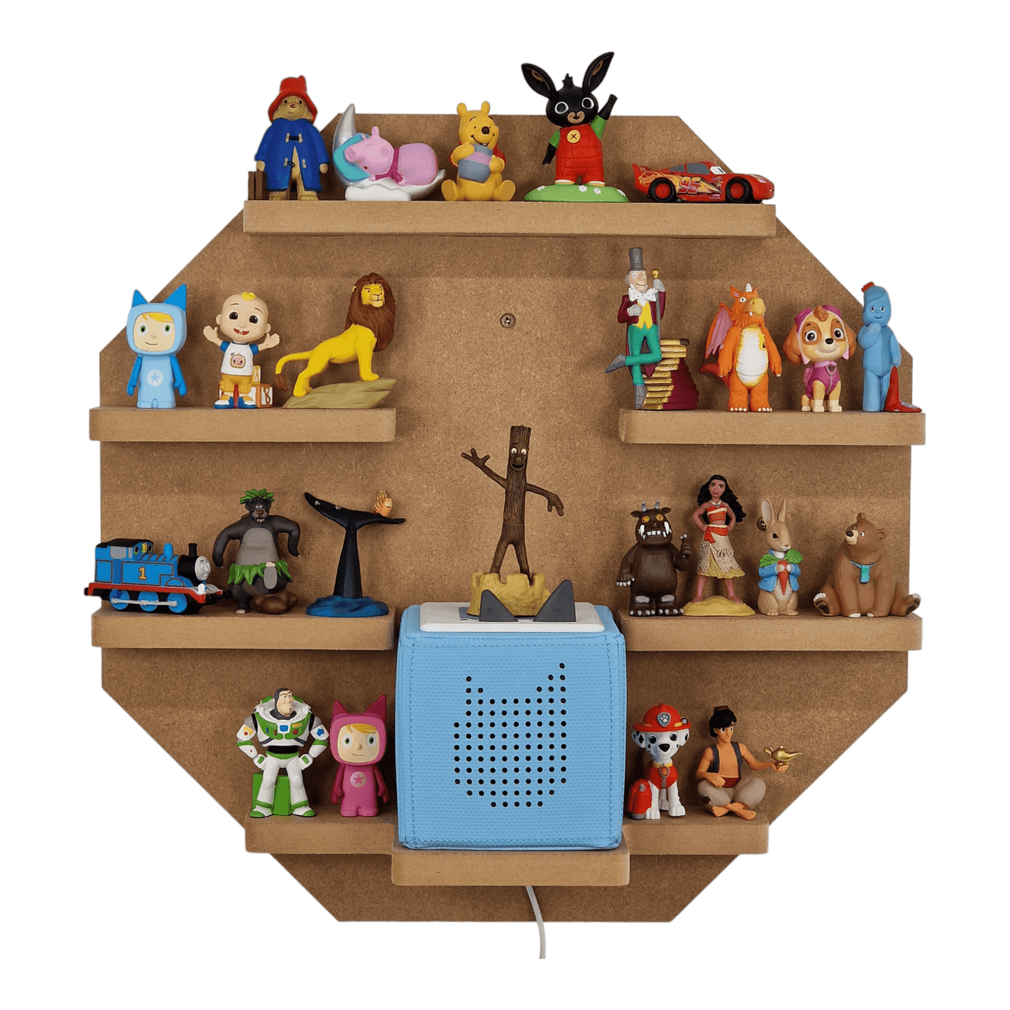 Octagon shaped display shelf for Toniebox, featuring one large MDF shelf for Tonie figure and box storage.