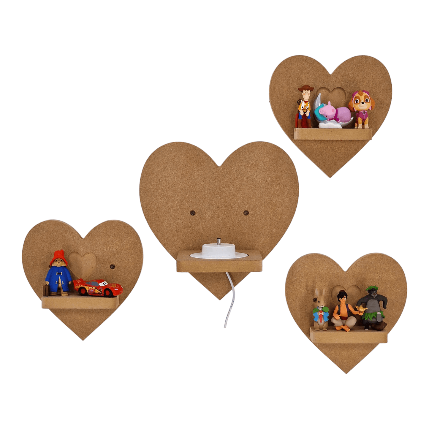 Heart display shelf set for Toniebox, featuring one large box bracket and three small MDF shelves for Tonie figure storage.