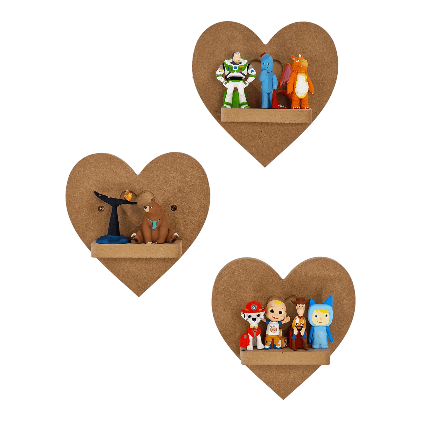 Heart shaped display shelf set for Tonie figures, featuring three small MDF shelves for Tonie figure storage.