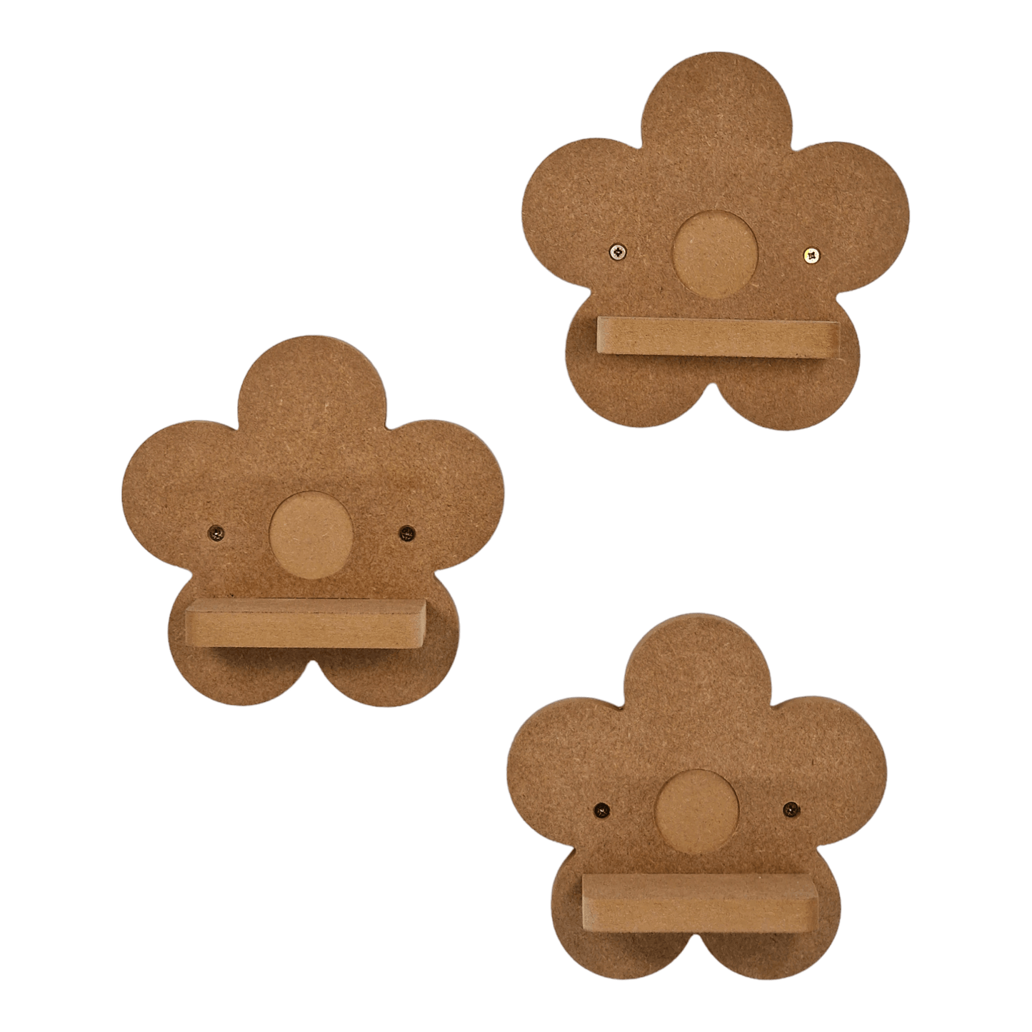 Daisy shaped display shelf set for Tonie figures, featuring three small MDF shelves for Tonie figure storage.