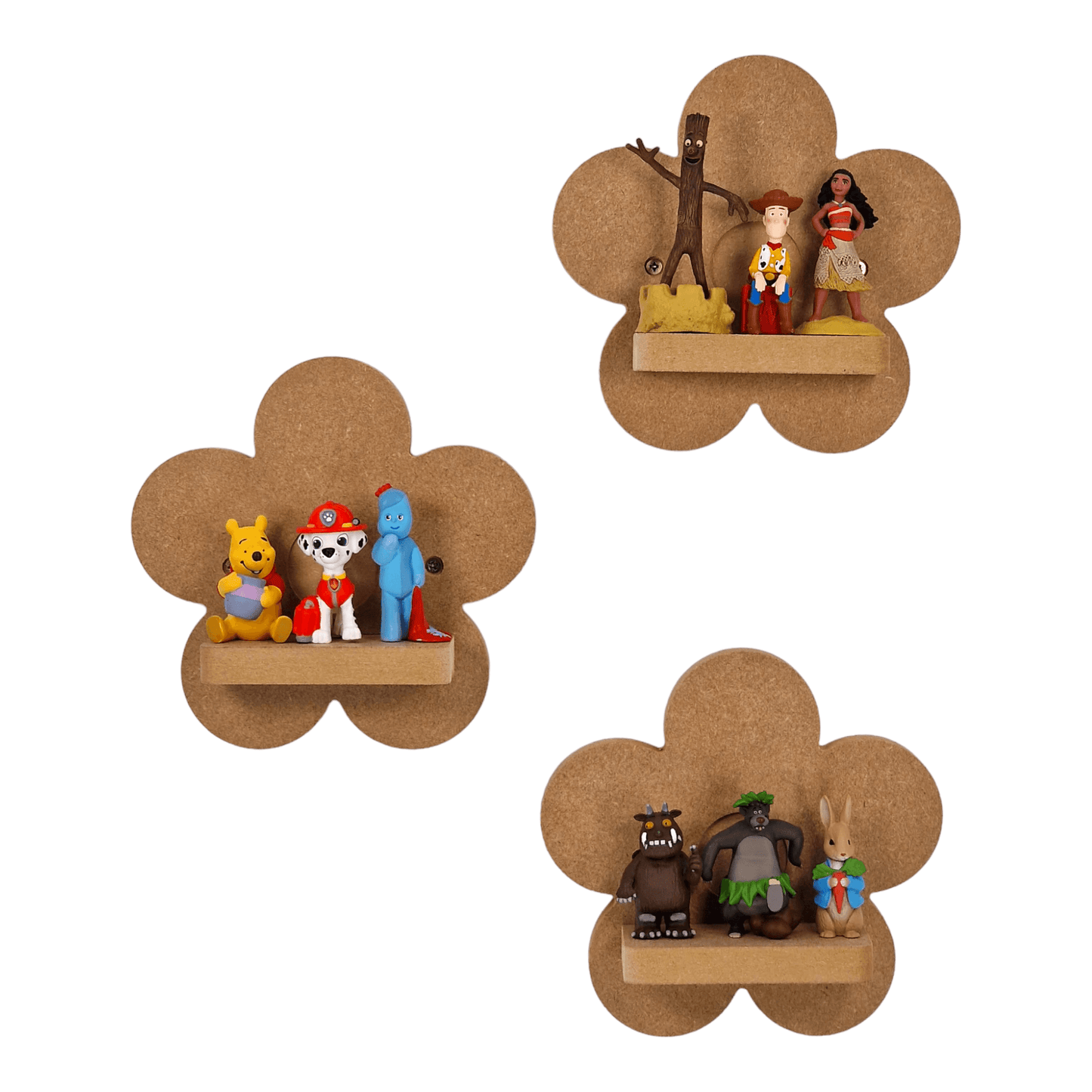Daisy shaped display shelf set for Tonie figures, featuring three small MDF shelves for Tonie figure storage.