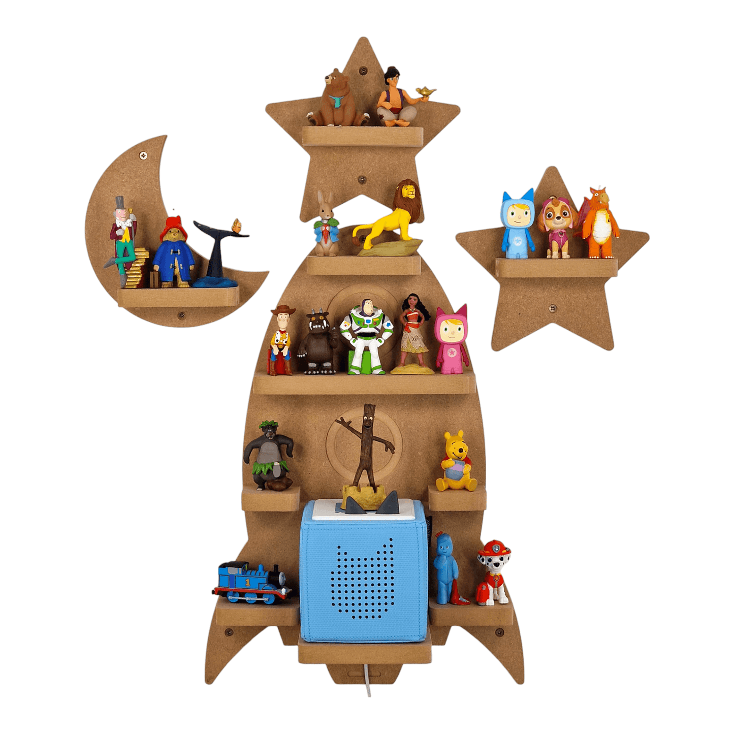 Rocket shaped display shelf set for Toniebox, featuring one large rocket, two small star and one crescent moon shaped MDF shelves for Tonie figure and box storage.