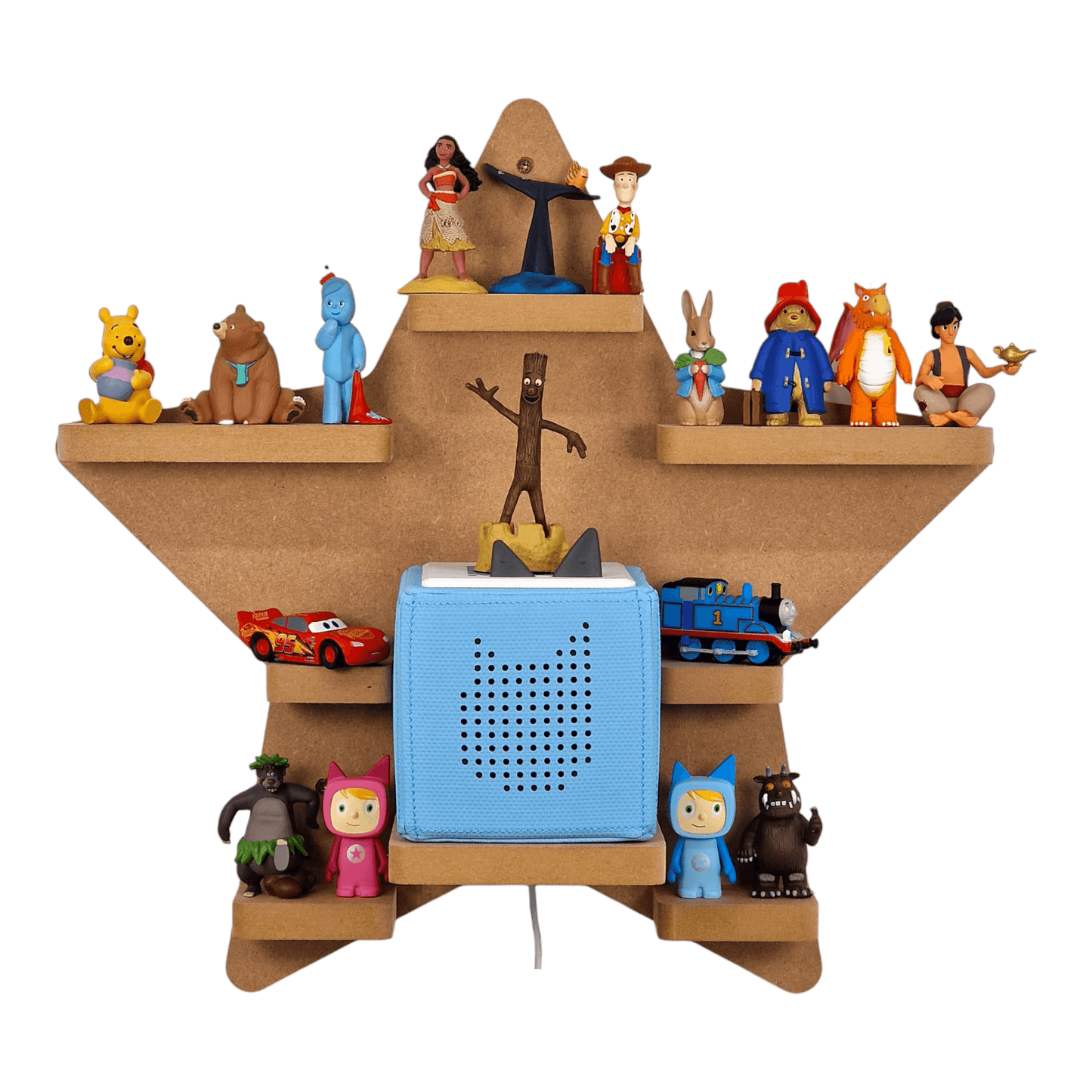 Star shaped display shelf for Toniebox, featuring one large MDF shelf for Tonie figure and box storage.