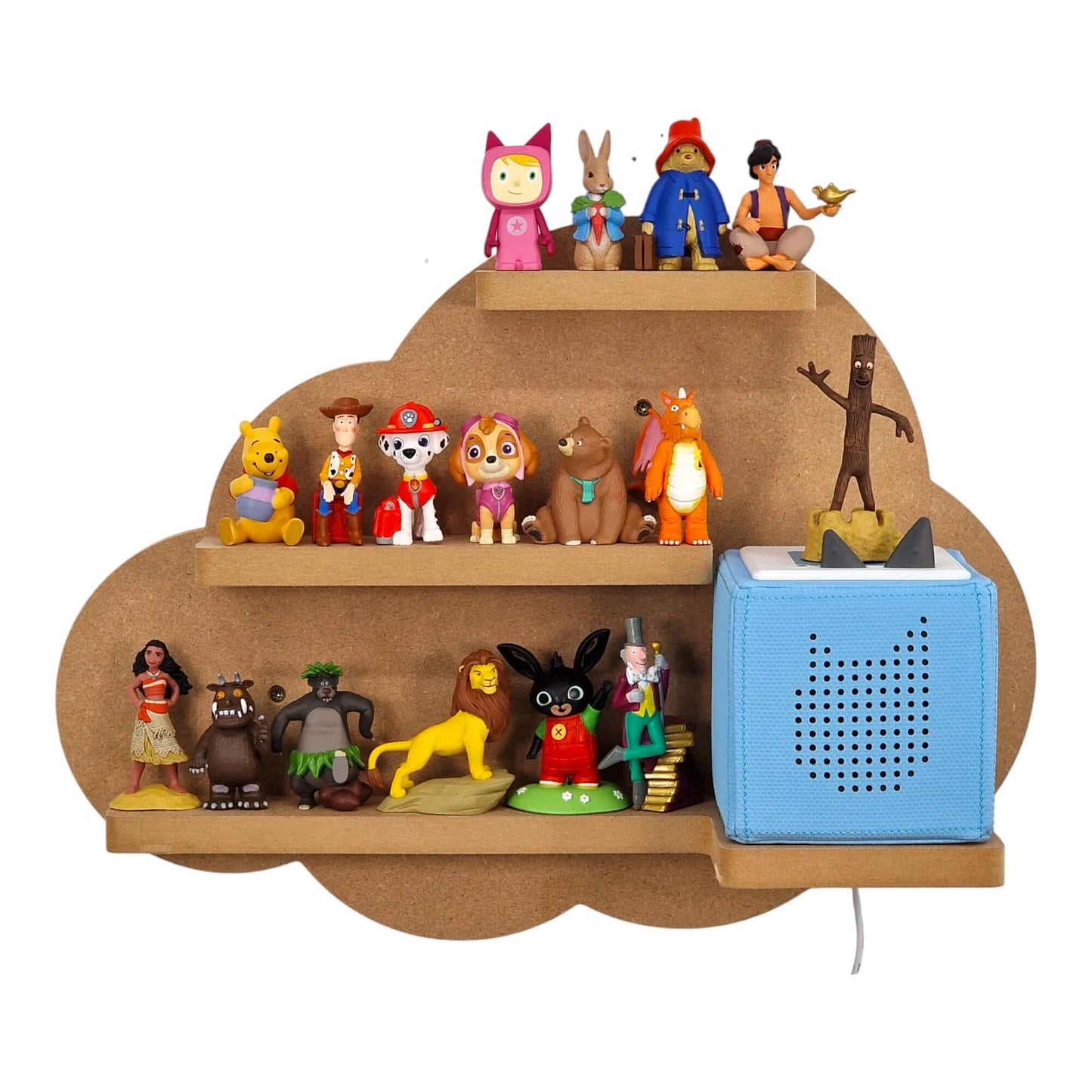 Cloud shaped display shelf for Toniebox, featuring one large MDF shelves for Tonie figure and box storage.