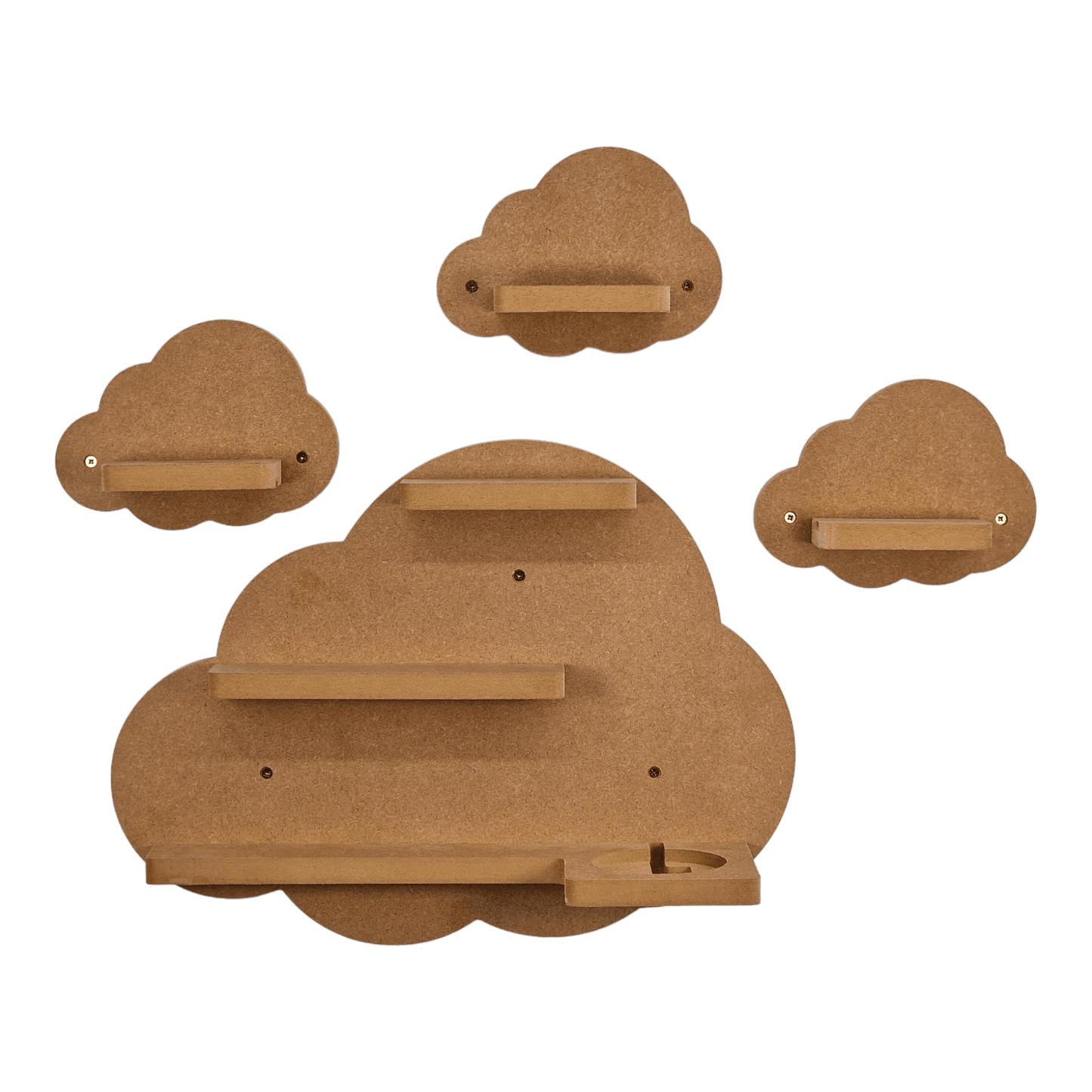 Cloud shaped display shelf set for Toniebox, featuring one large and three small MDF shelves for Tonie figure and box storage.