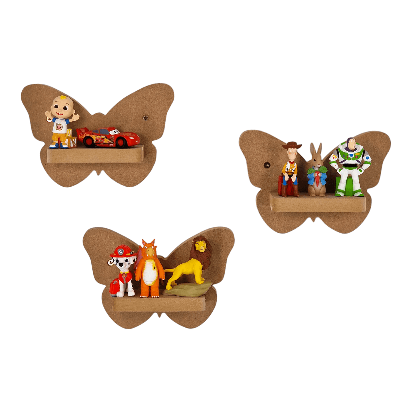 Butterfly shaped display shelf set for Tonie figures, featuring three small MDF shelves for Tonie figure storage.