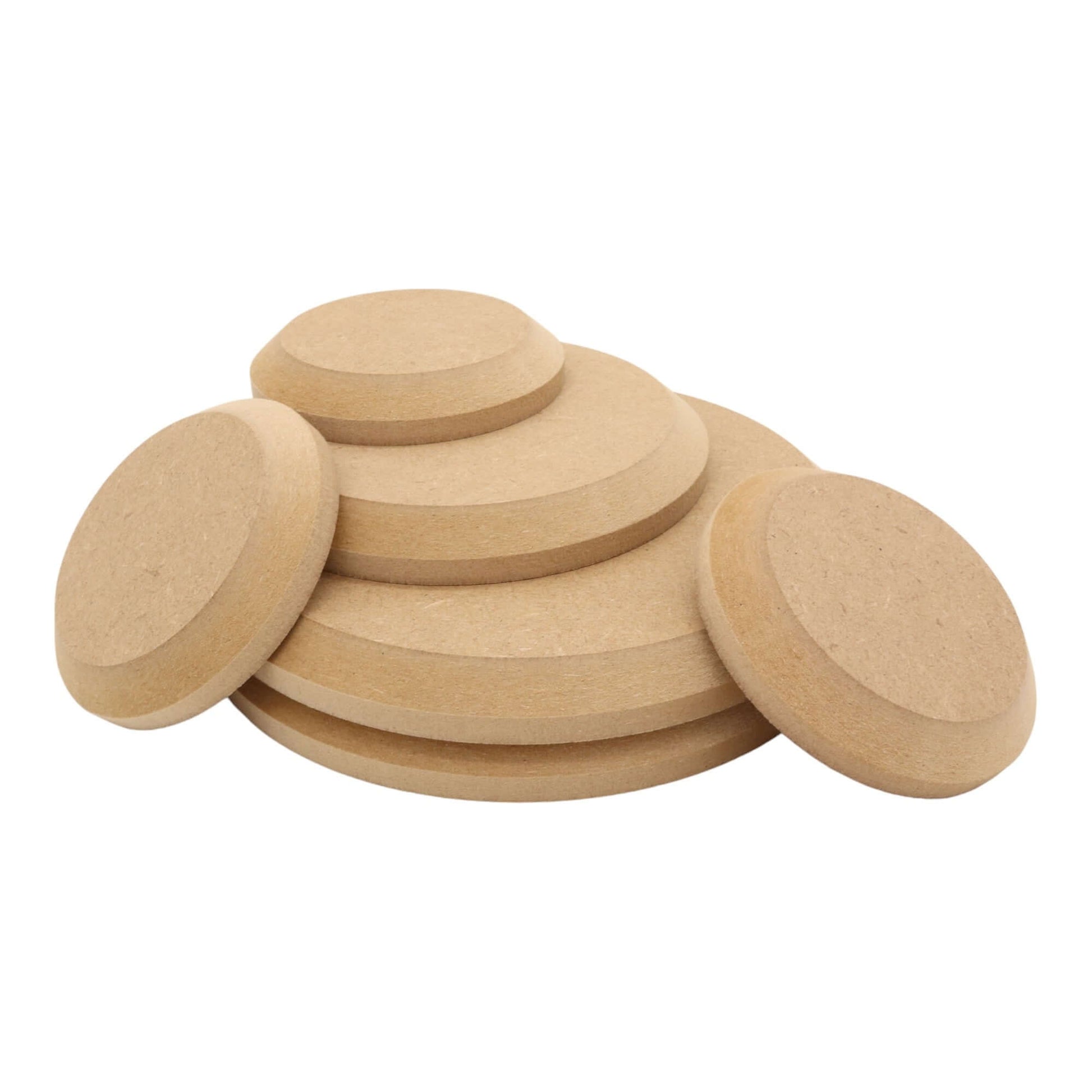 CNC routed circle shapes made from MDF with a chamfer edge, quality craft shapes for DIY projects.
