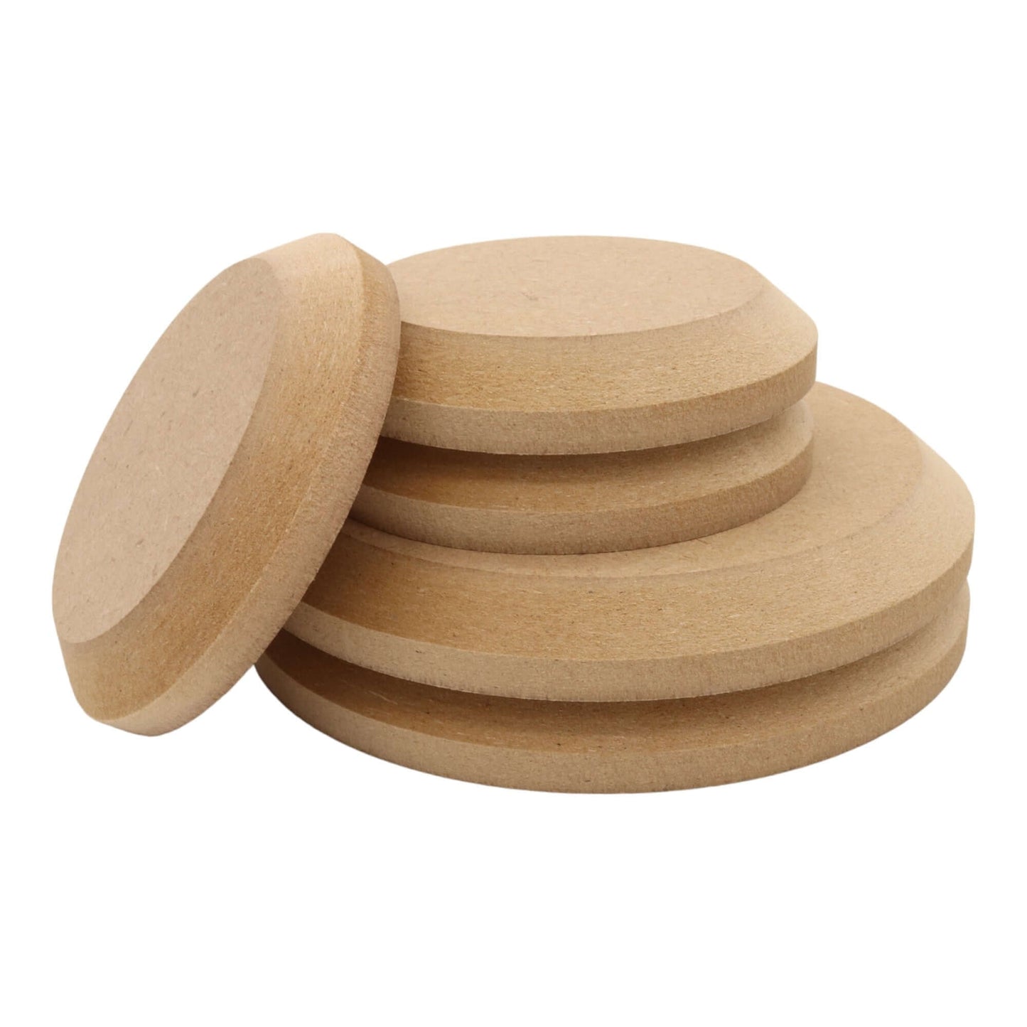 CNC routed circle shapes made from MDF with a chamfer edge, quality craft shapes for DIY projects.