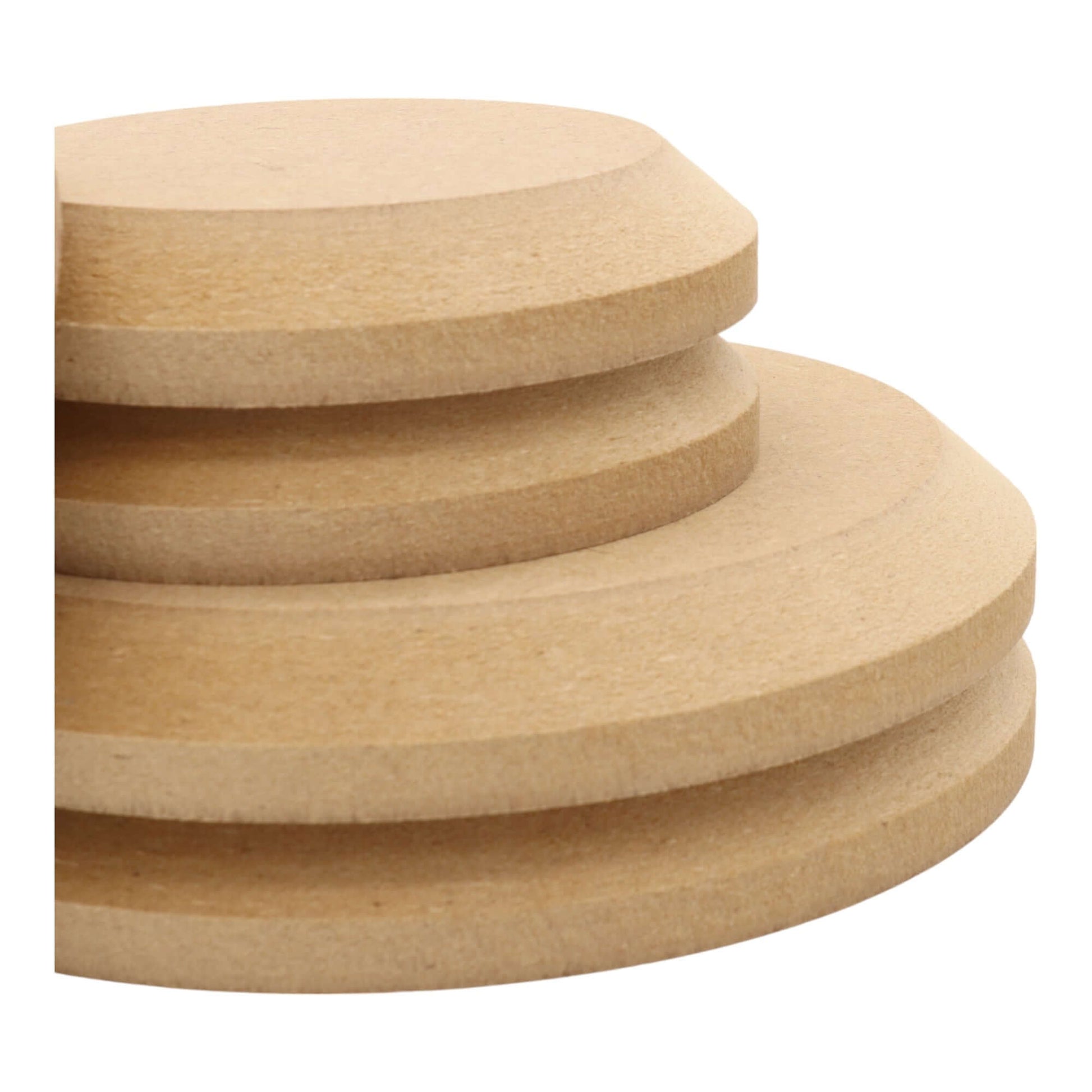 CNC routed circle shapes made from MDF with a chamfer edge, quality craft shapes for DIY projects.