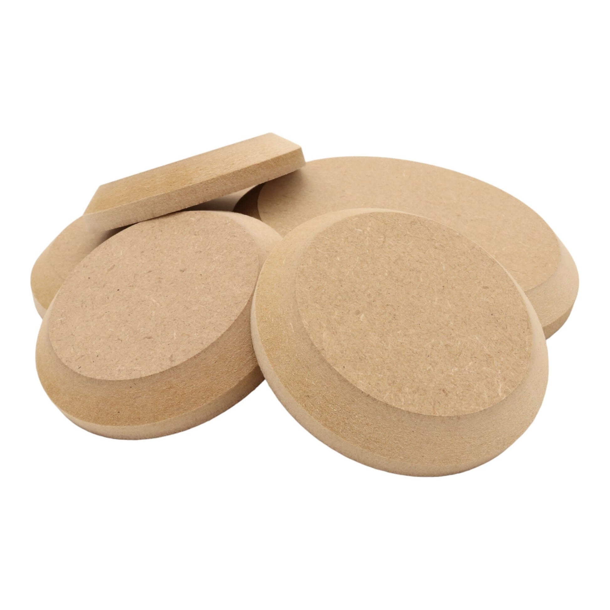 CNC routed circle shapes made from MDF with a chamfer edge, quality craft shapes for DIY projects.