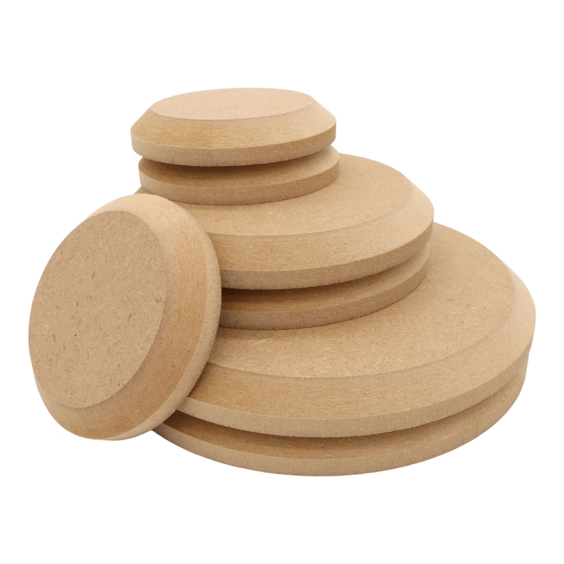 CNC routed circle shapes made from MDF with a chamfer edge, quality craft shapes for DIY projects.