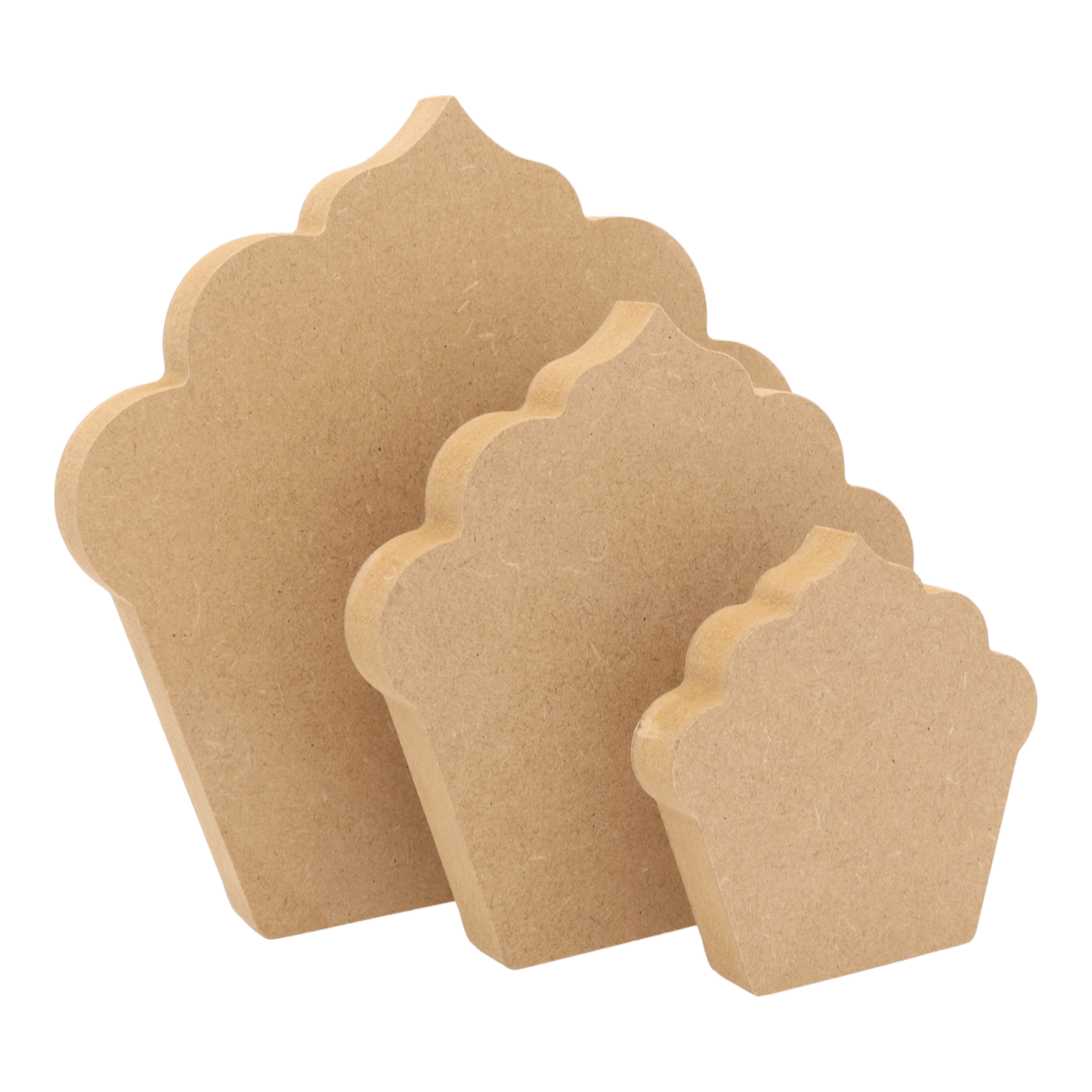 CNC routed freestanding cupcake shapes made from MDF, quality craft shapes for DIY projects.