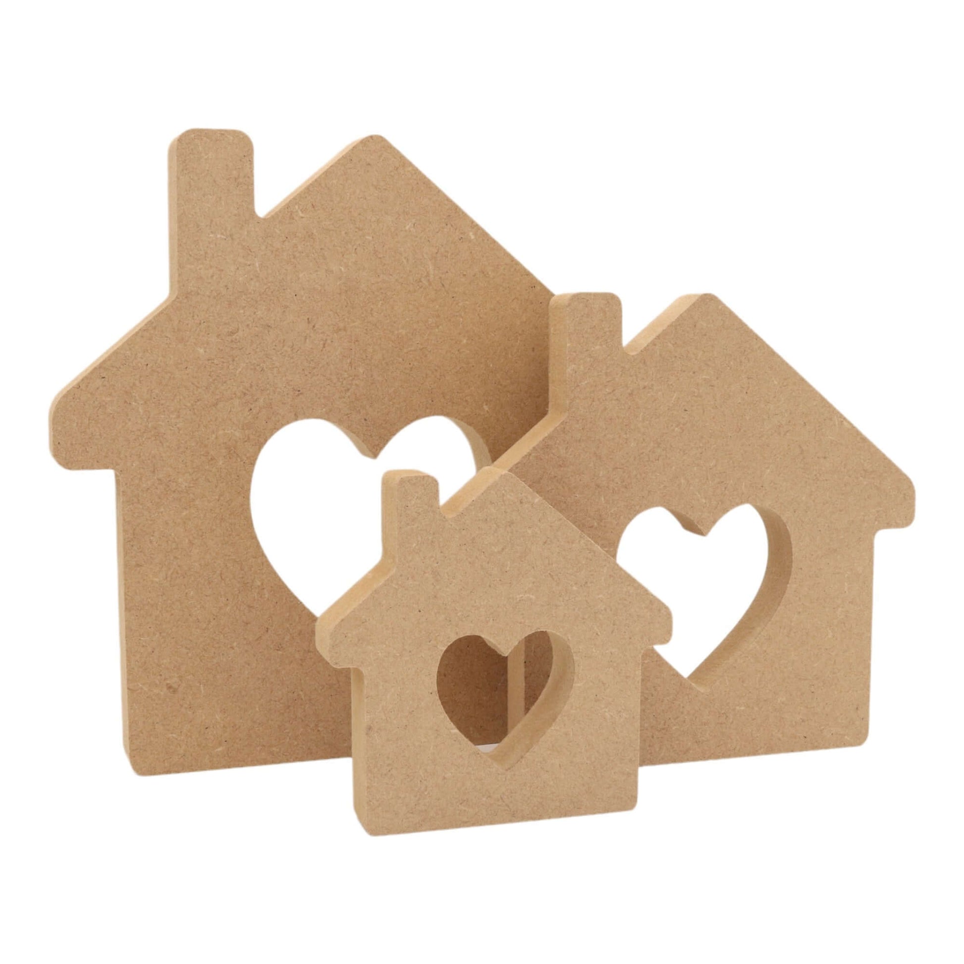 CNC routed freestanding house with heart cut-out shapes made from MDF, quality craft shapes for DIY projects.