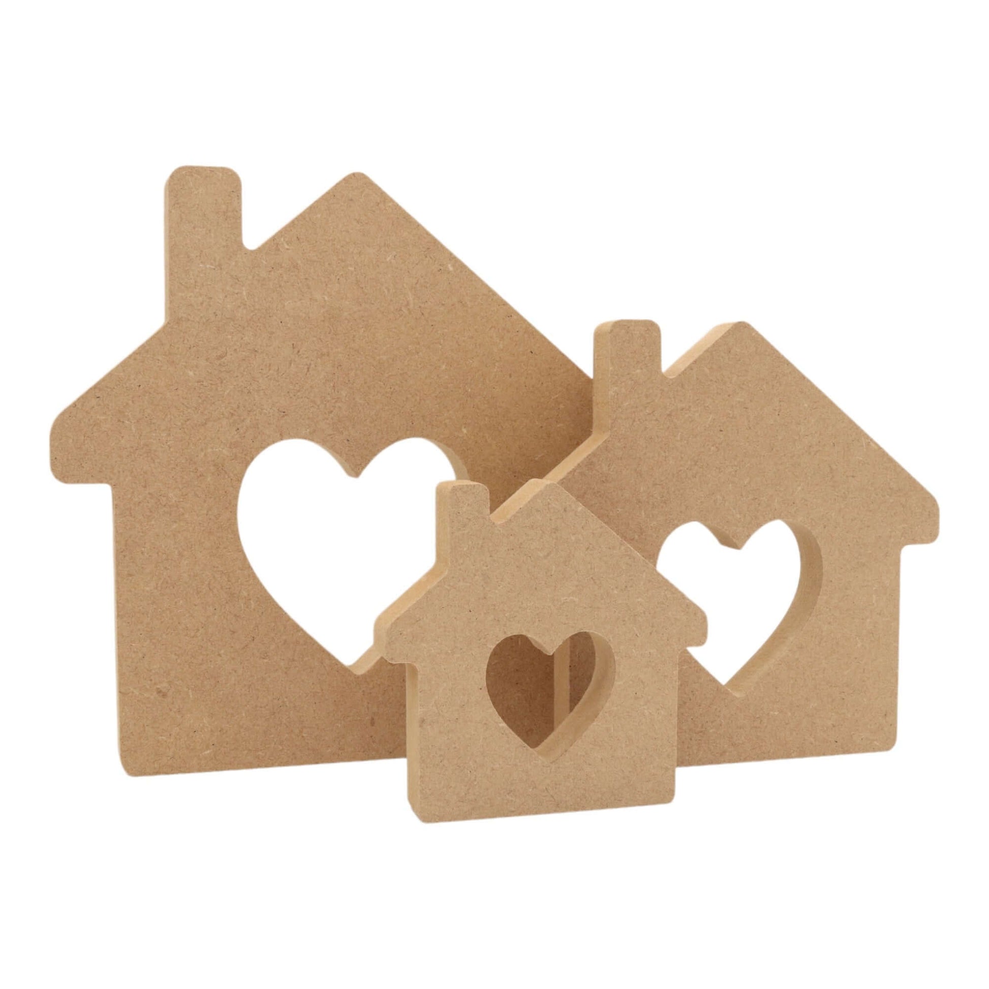 CNC routed freestanding house with heart cut-out shapes made from MDF, quality craft shapes for DIY projects.