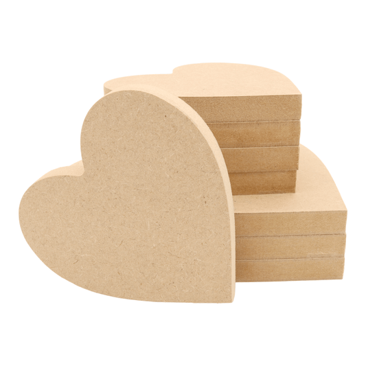 CNC routed heart shapes made from MDF with a square edge, quality craft shapes for DIY projects.
