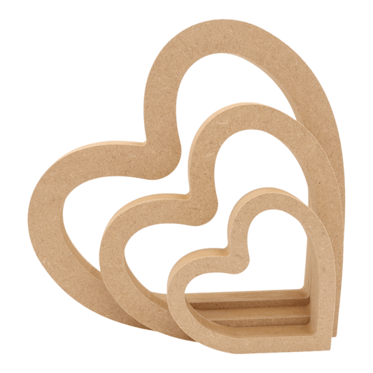 CNC routed freestanding hollow heart shapes made from MDF, quality craft shapes for DIY projects.