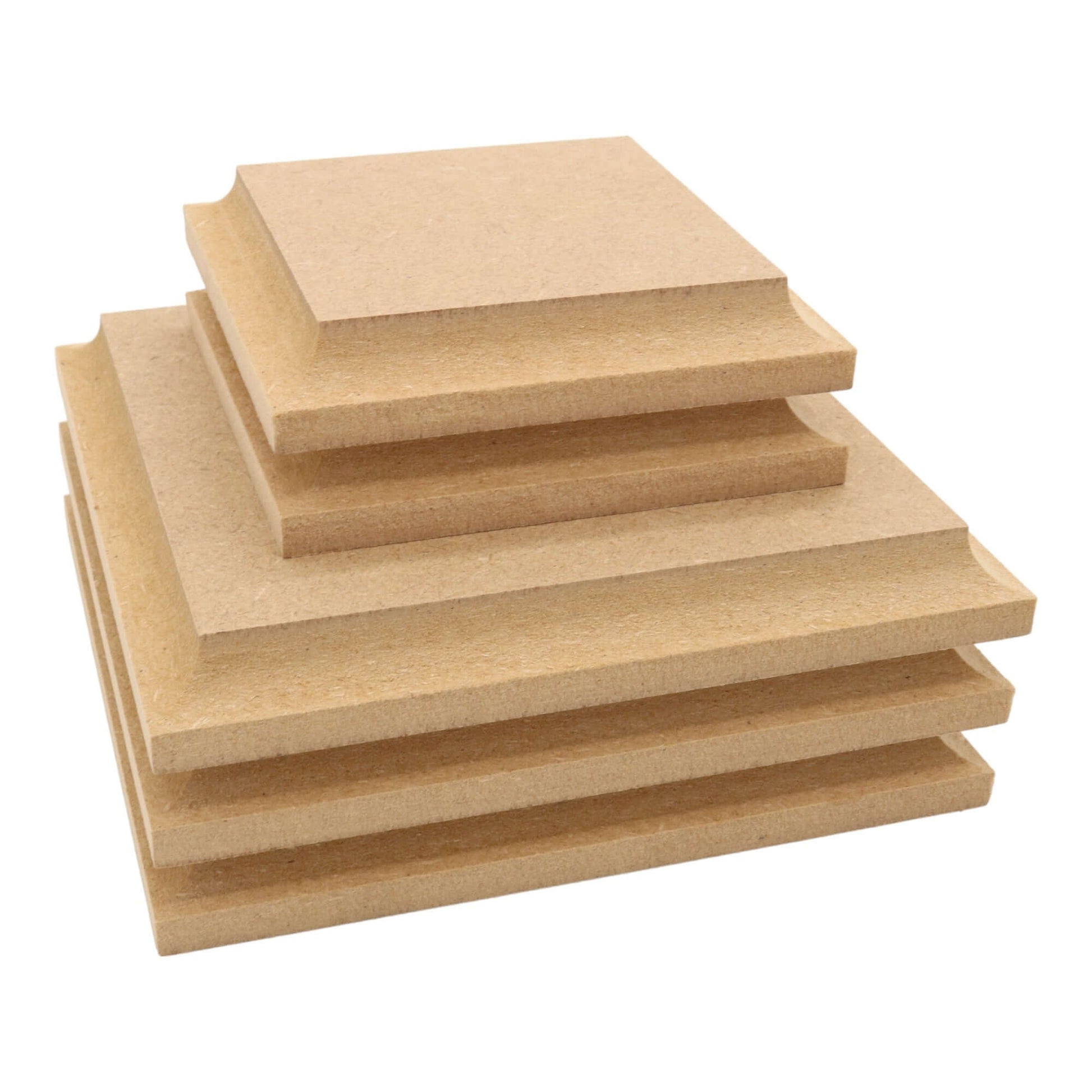 CNC routed square shapes made from MDF with a cove edge, quality craft shapes for DIY projects.