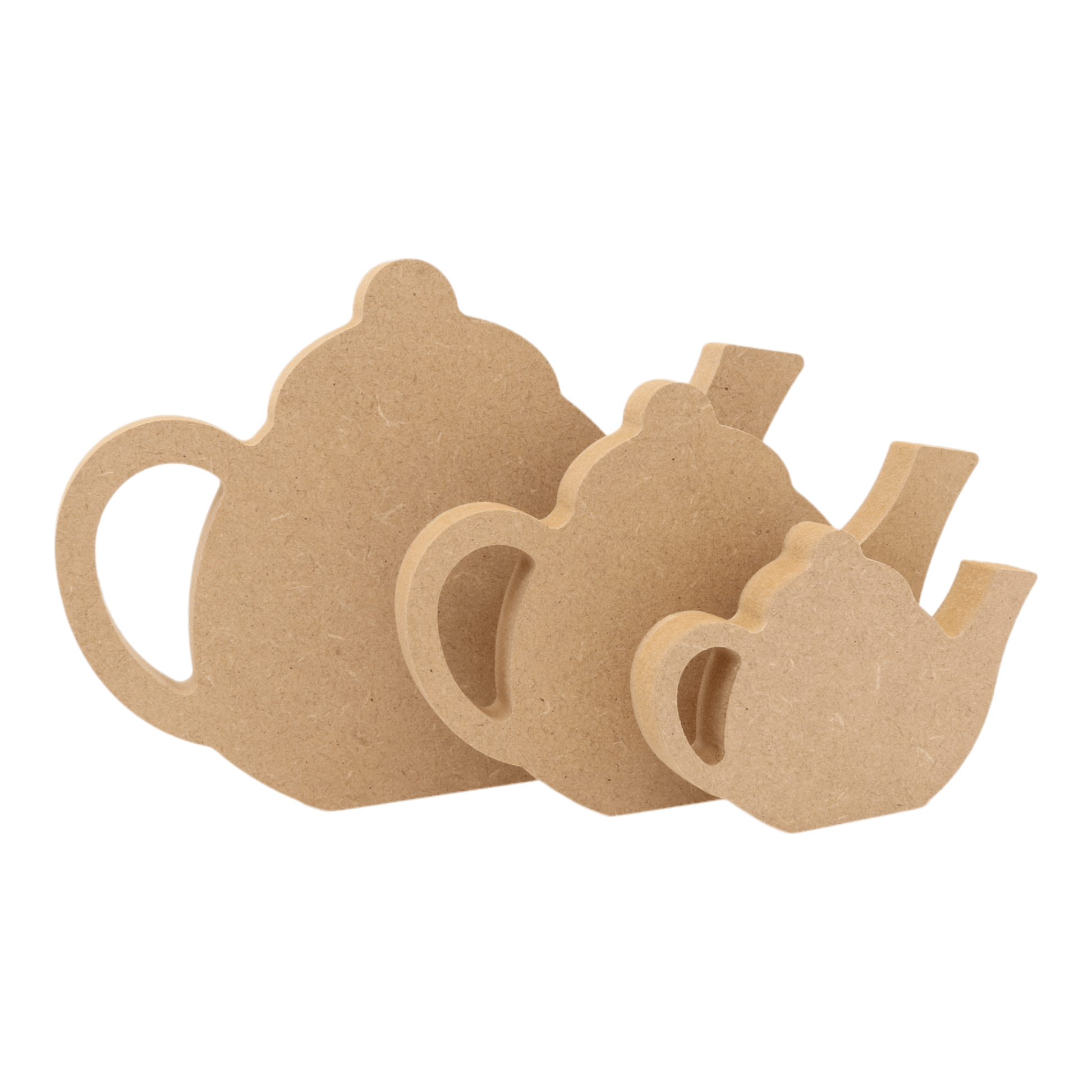 CNC routed freestanding tea pot shapes made from MDF, quality craft shapes for DIY projects.