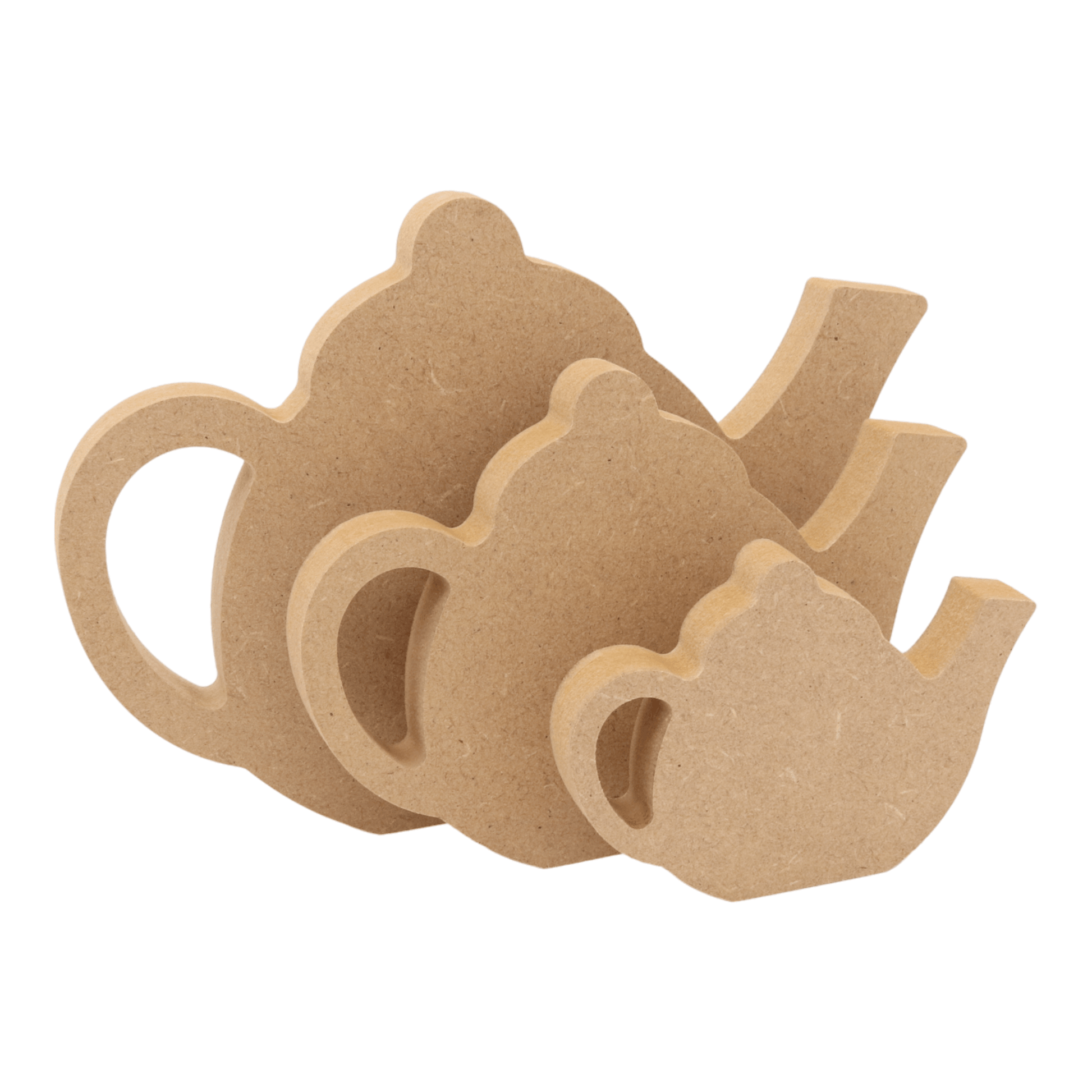 CNC routed freestanding tea pot shapes made from MDF, quality craft shapes for DIY projects.