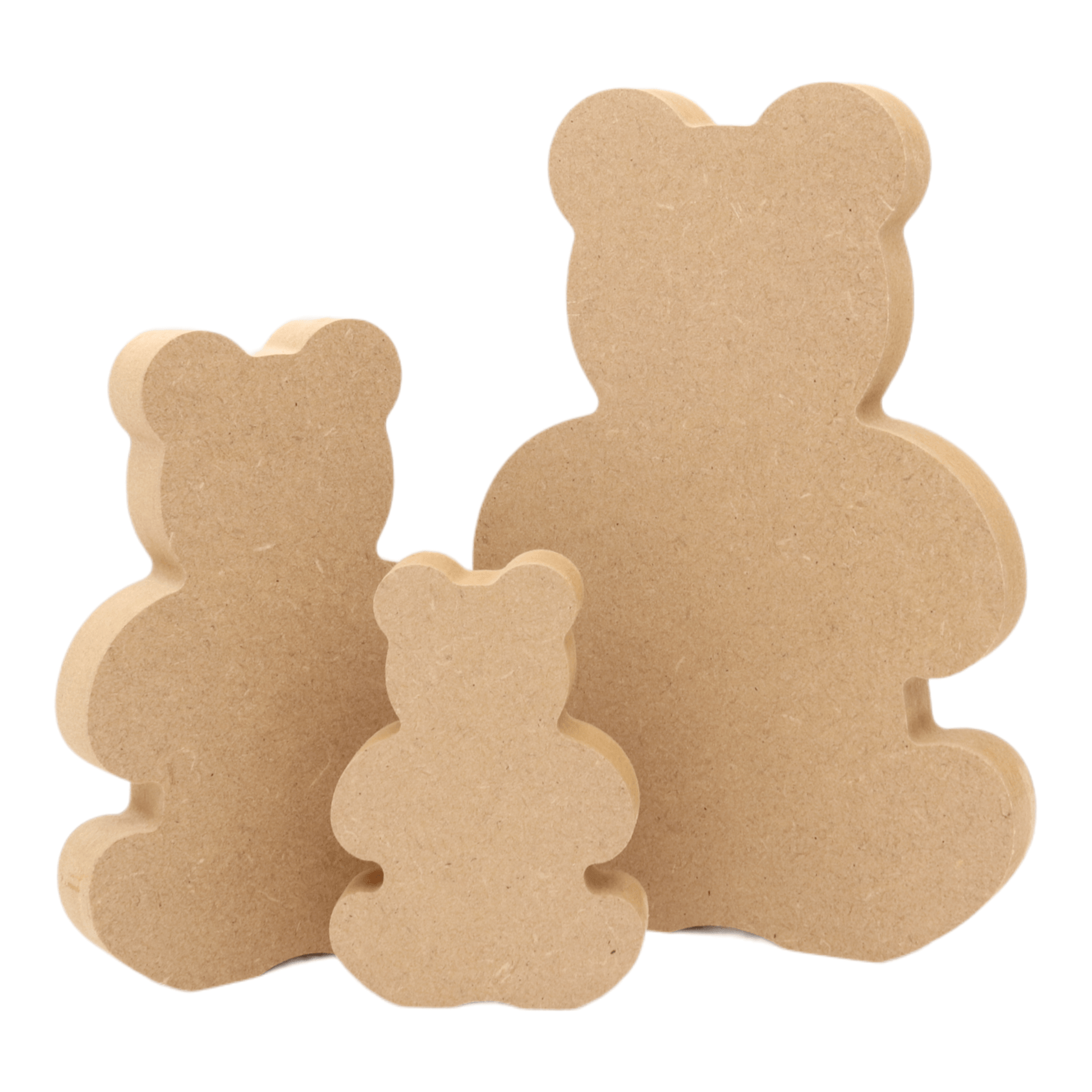 CNC routed freestanding teddy bear shapes made from MDF, quality craft shapes for DIY projects.