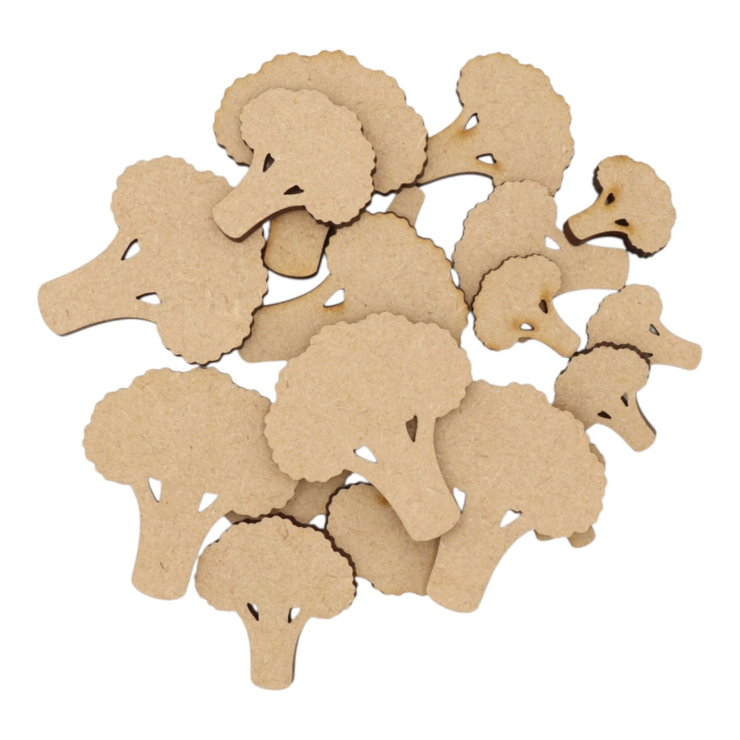 Broccoli MDF Craft Shape collection of laser-cut broccoli shapes on a white background for creative projects.