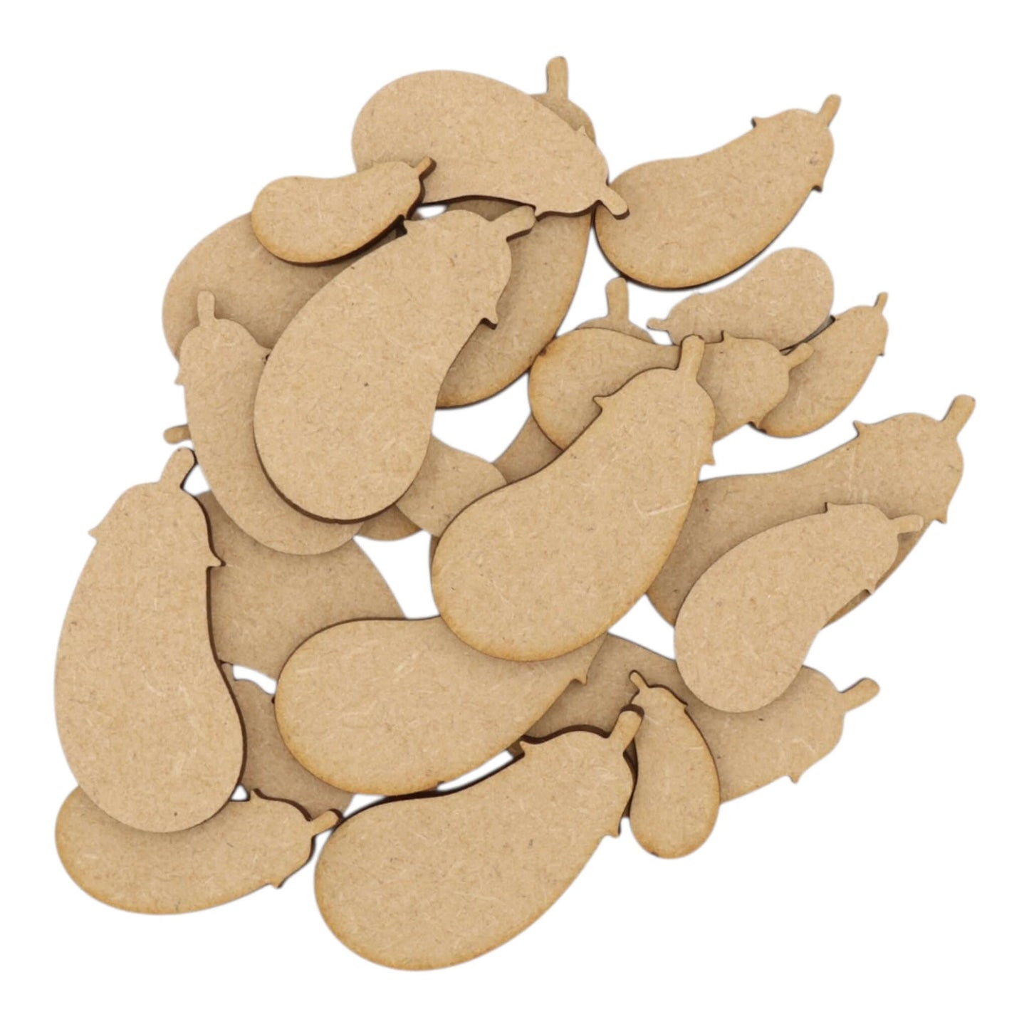 Laser-cut Eggplant MDF Craft Shape pieces stacked together, perfect for creative projects and décor.