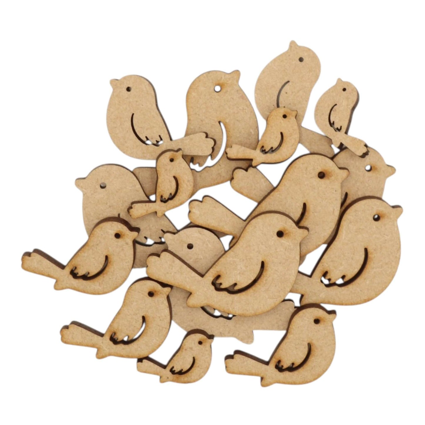 A collection of laser-cut bird shapes, showcasing the Robin MDF Craft Shape for creative projects and decorations.