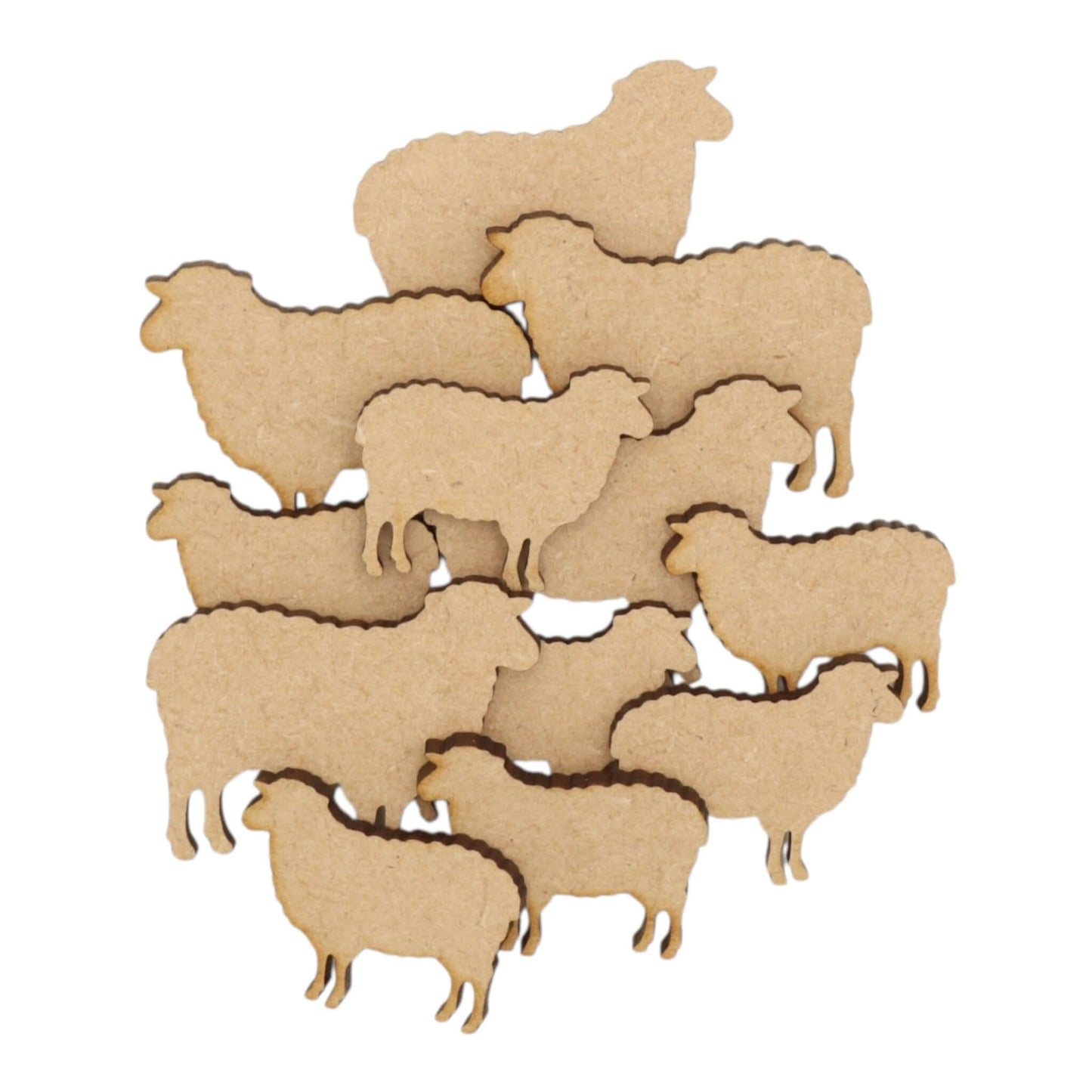 A collection of laser-cut Sheep MDF Craft Shapes stacked together, perfect for rustic decor and craft projects.