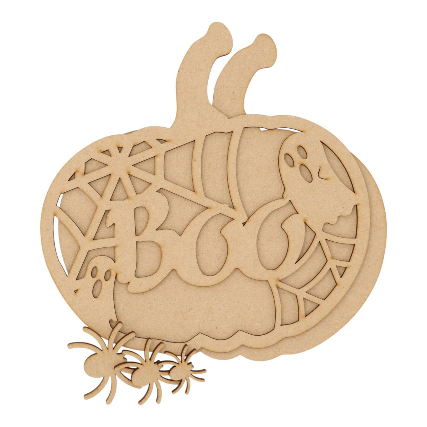 3D Wooden Halloween Pumpkin – Layered Boo Decoration made of laser-cut MDF with spider accents.