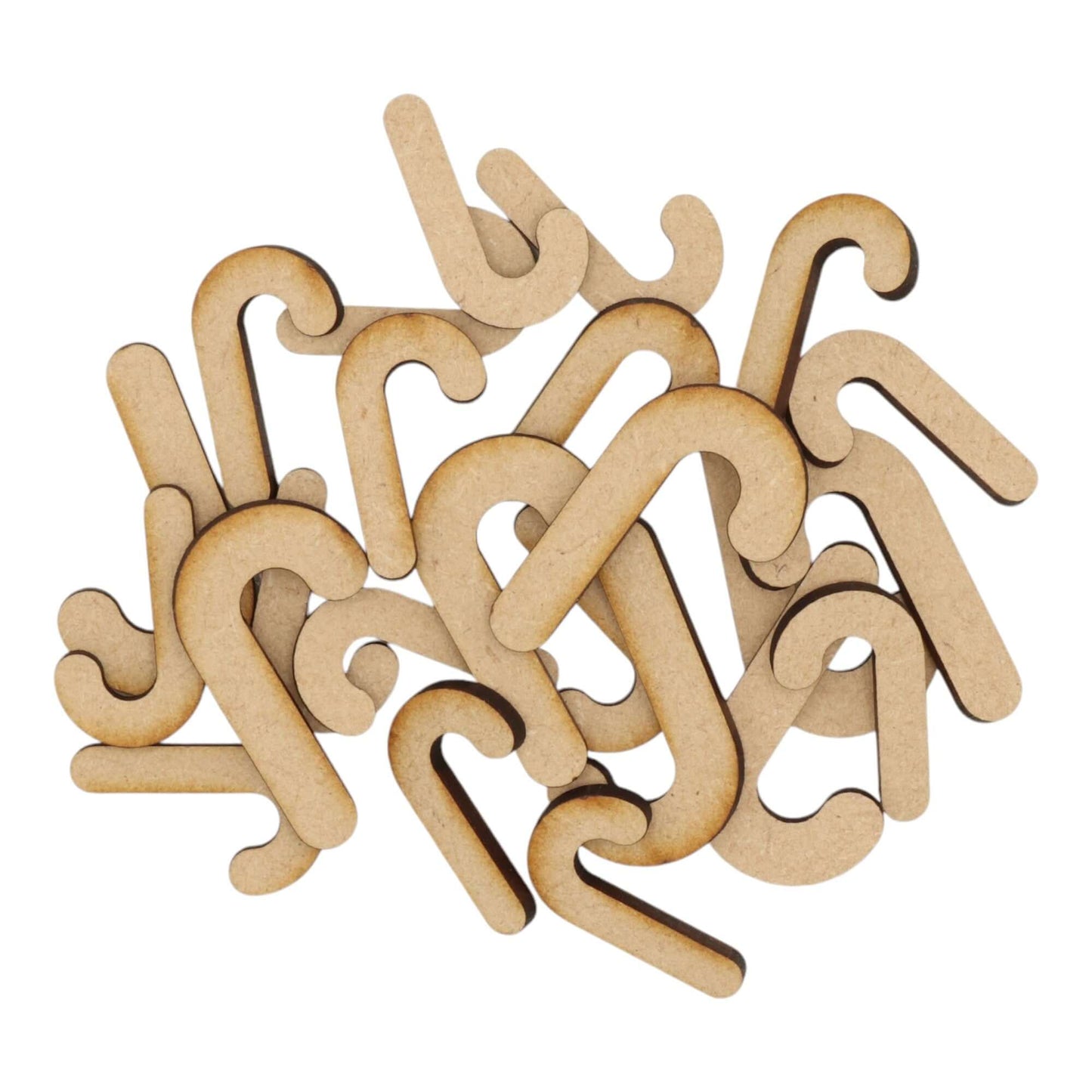 Laser cut MDF candy cane craft shapes, 3mm thick, perfect for arts & crafts projects.