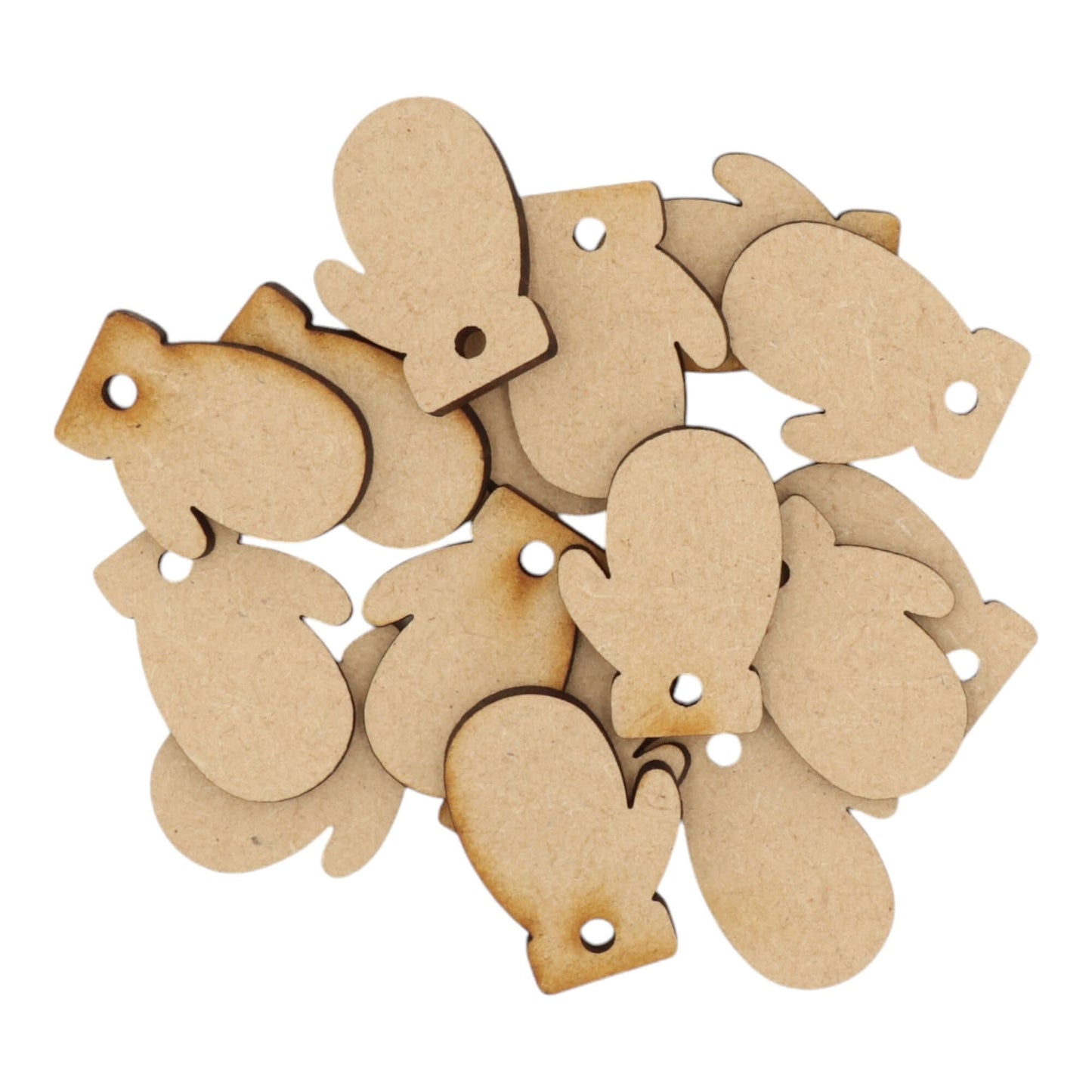 Laser cut MDF mitten with hanging hole craft shapes, 3mm thick, perfect for arts & crafts projects.