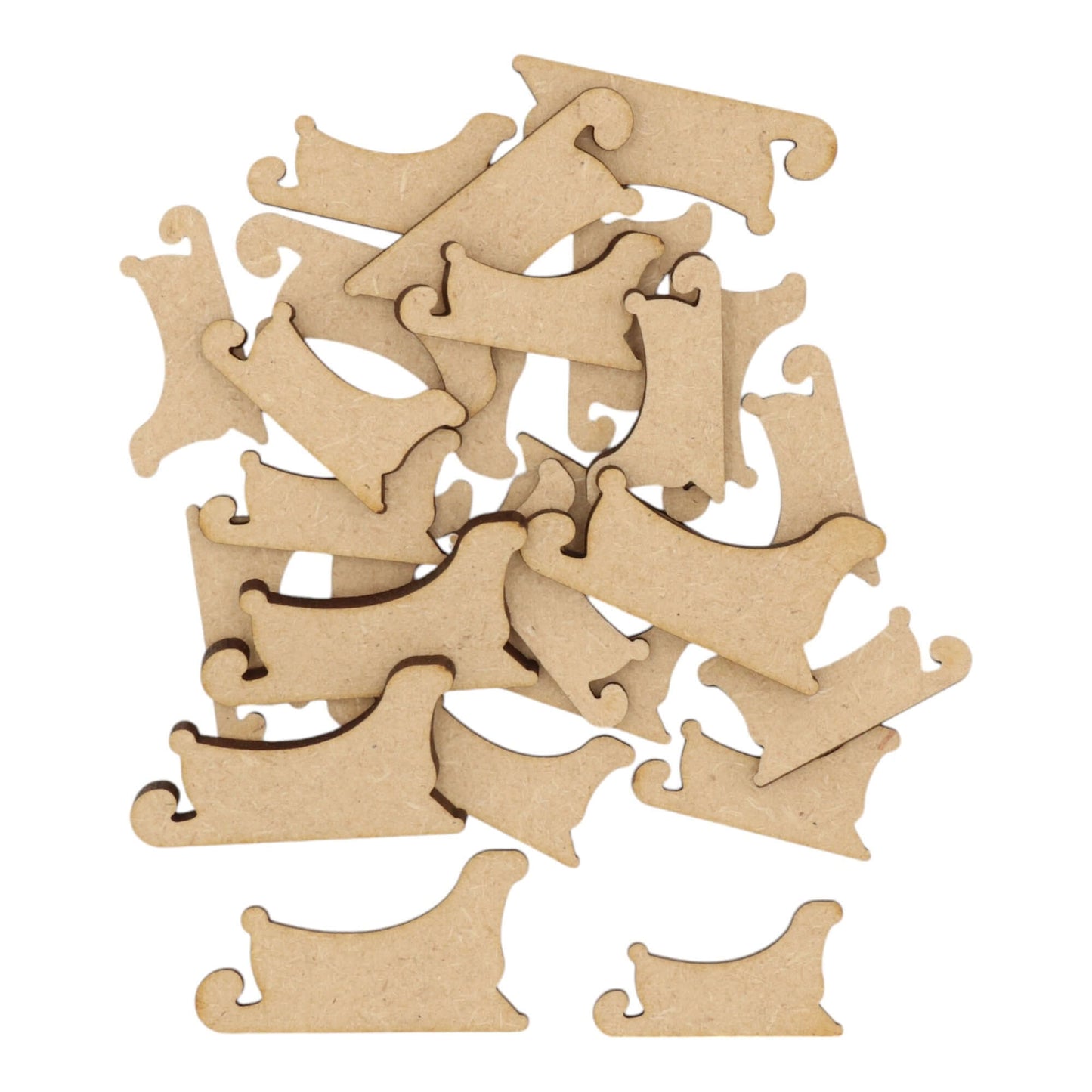 Laser cut MDF sleigh craft shapes, 3mm thick, perfect for arts & crafts projects.