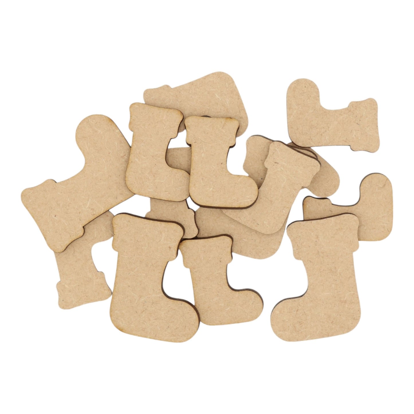 Laser cut MDF santa boot craft shapes, 3mm thick, perfect for arts & crafts projects.