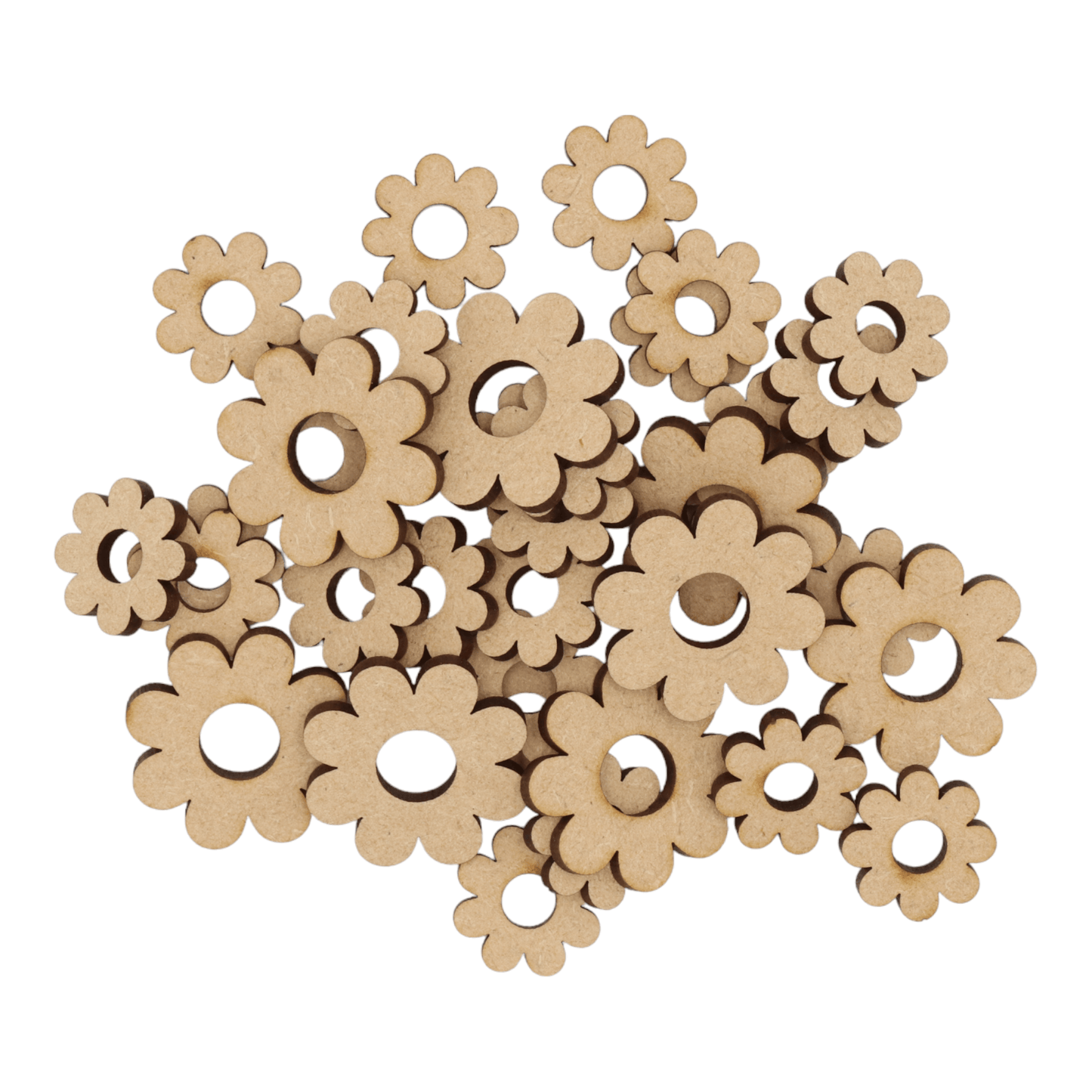 Laser cut MDF daisy s4 craft shapes, 3mm thick, perfect for arts & crafts projects.