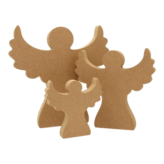 CNC routed freestanding angel shapes made from MDF, quality craft shapes for DIY projects.