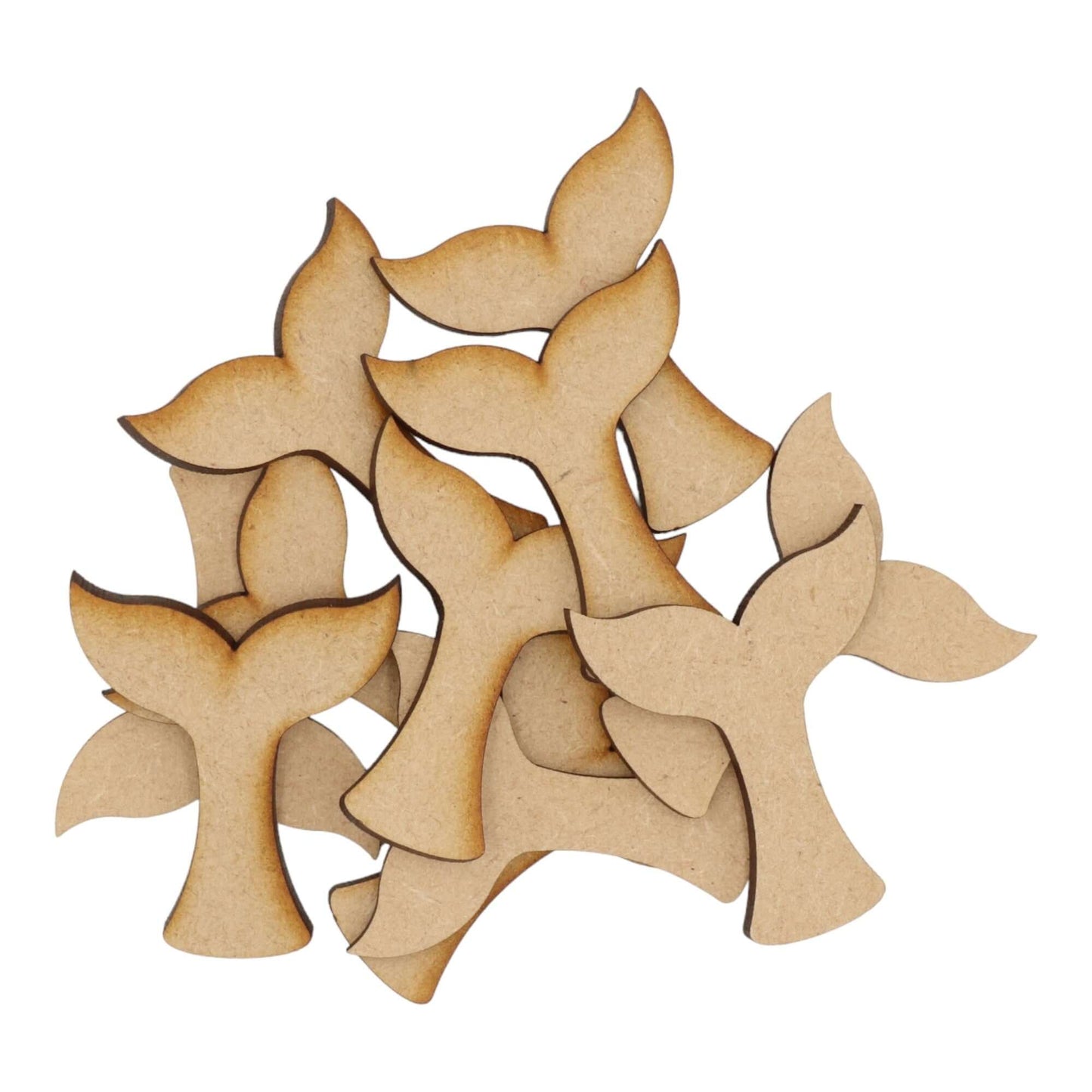 Laser cut MDF mermaid tail craft shapes, 3mm thick, perfect for arts & crafts projects.