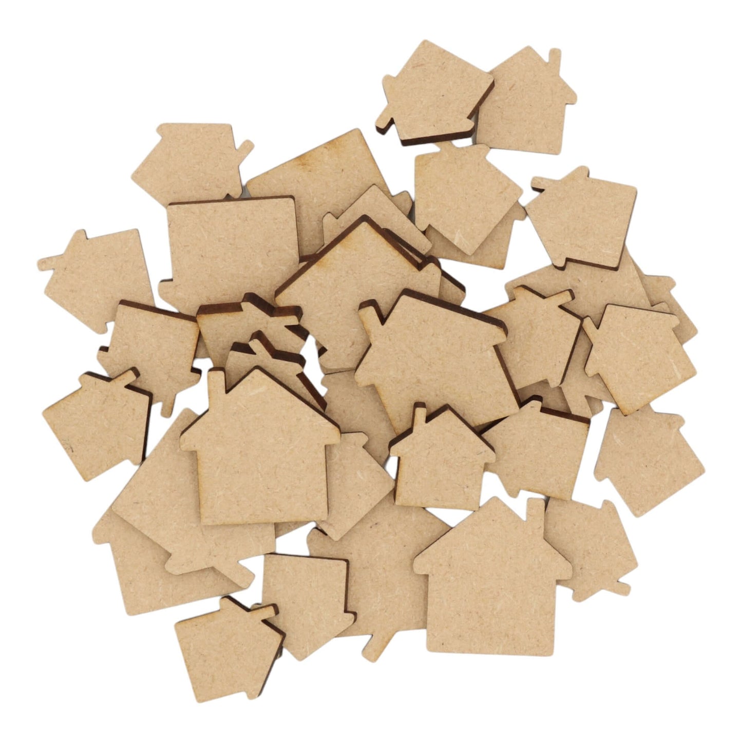 Laser cut MDF house craft shapes, 3mm thick, perfect for arts & crafts projects.