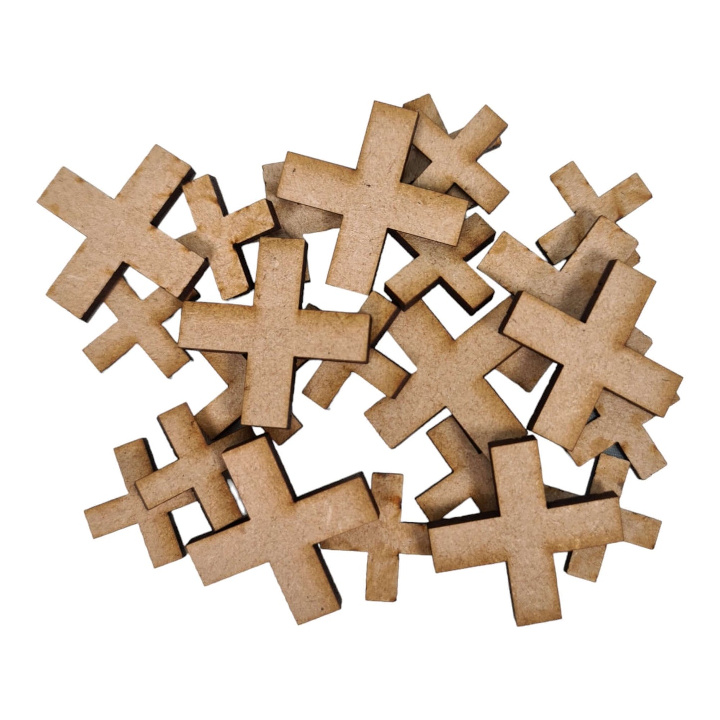 Laser cut MDF plus symbol craft shapes, 3mm thick, perfect for arts & crafts projects.
