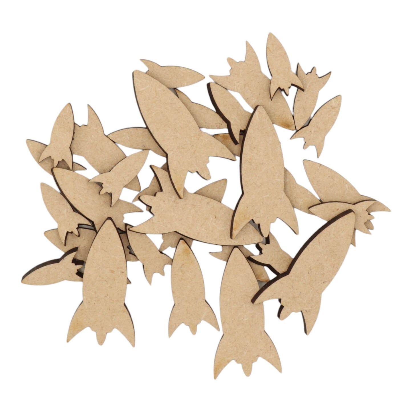 Laser cut MDF rocket s2 craft shapes, 3mm thick, perfect for arts & crafts projects.