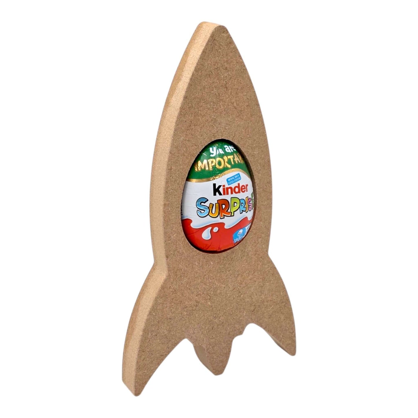 Rocket Ship Easter Egg Holder displaying a Kinder Surprise egg in a playful rocket design.