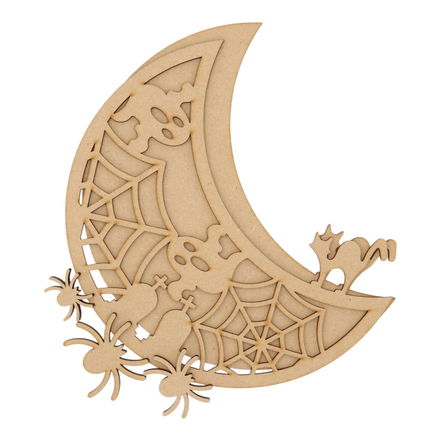 3D Wooden Halloween Spooky Moon – Layered Decoration with spiders and skulls, precision laser-cut MDF design.
