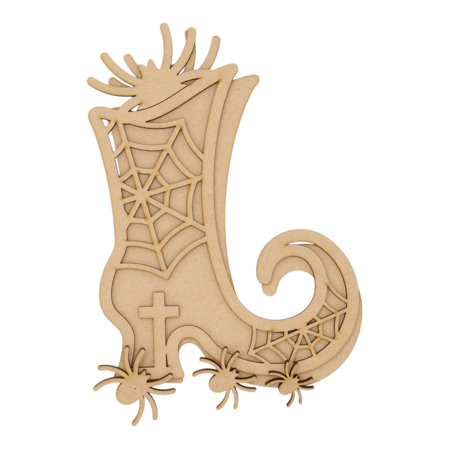3D Wooden Halloween Creepy Witches Boot – Layered Decoration, MDF laser cut kit with spider and web design.