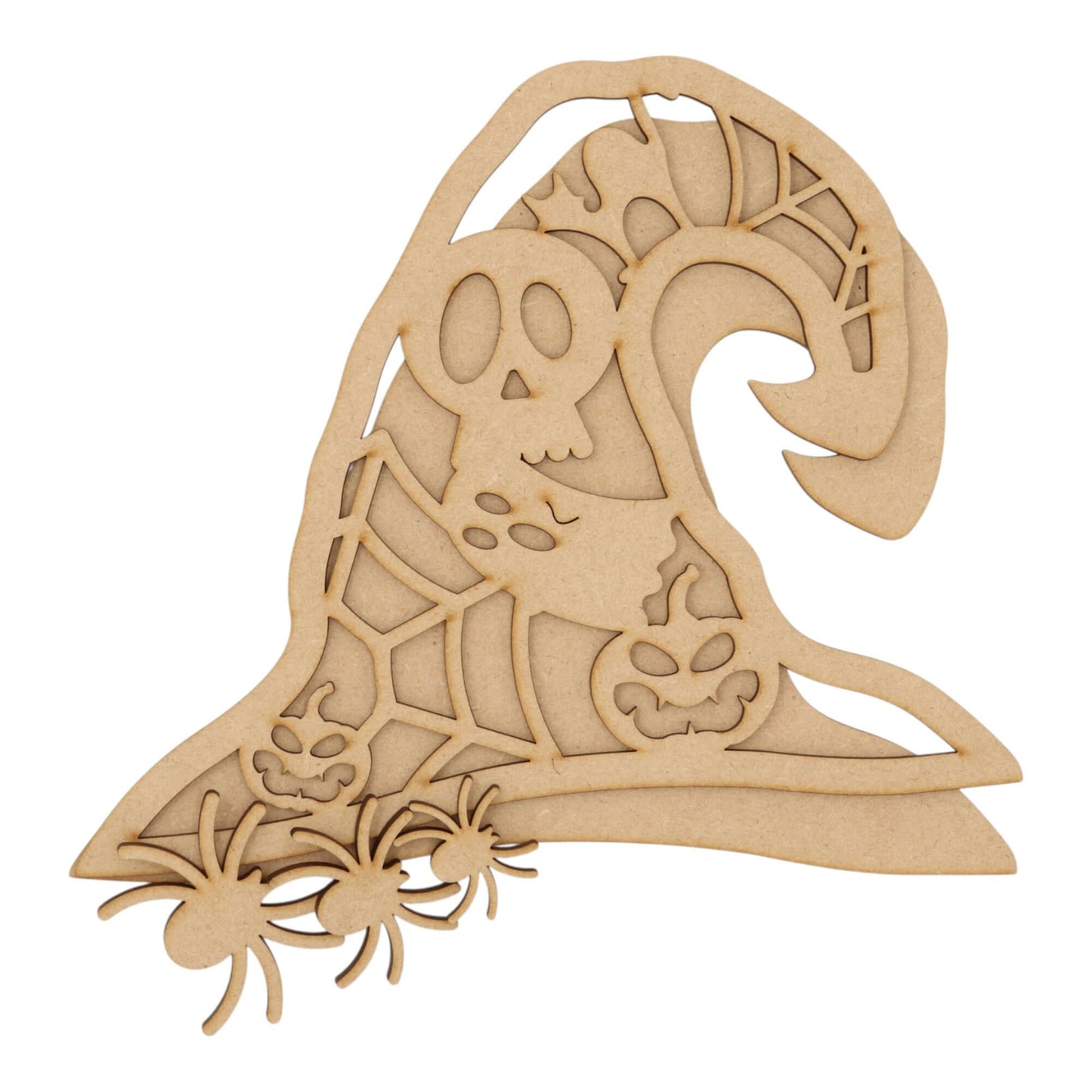 3D Wooden Halloween Scary Witches Hat – Layered Decoration, with spider and skull details, perfect for DIY Halloween crafts.