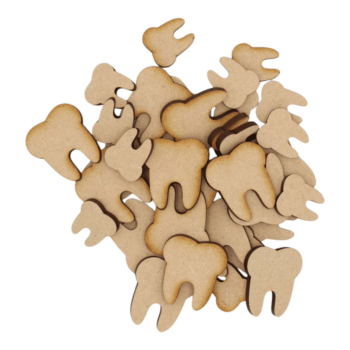 Laser cut MDF tooth craft shapes, 3mm thick, perfect for arts & crafts projects.