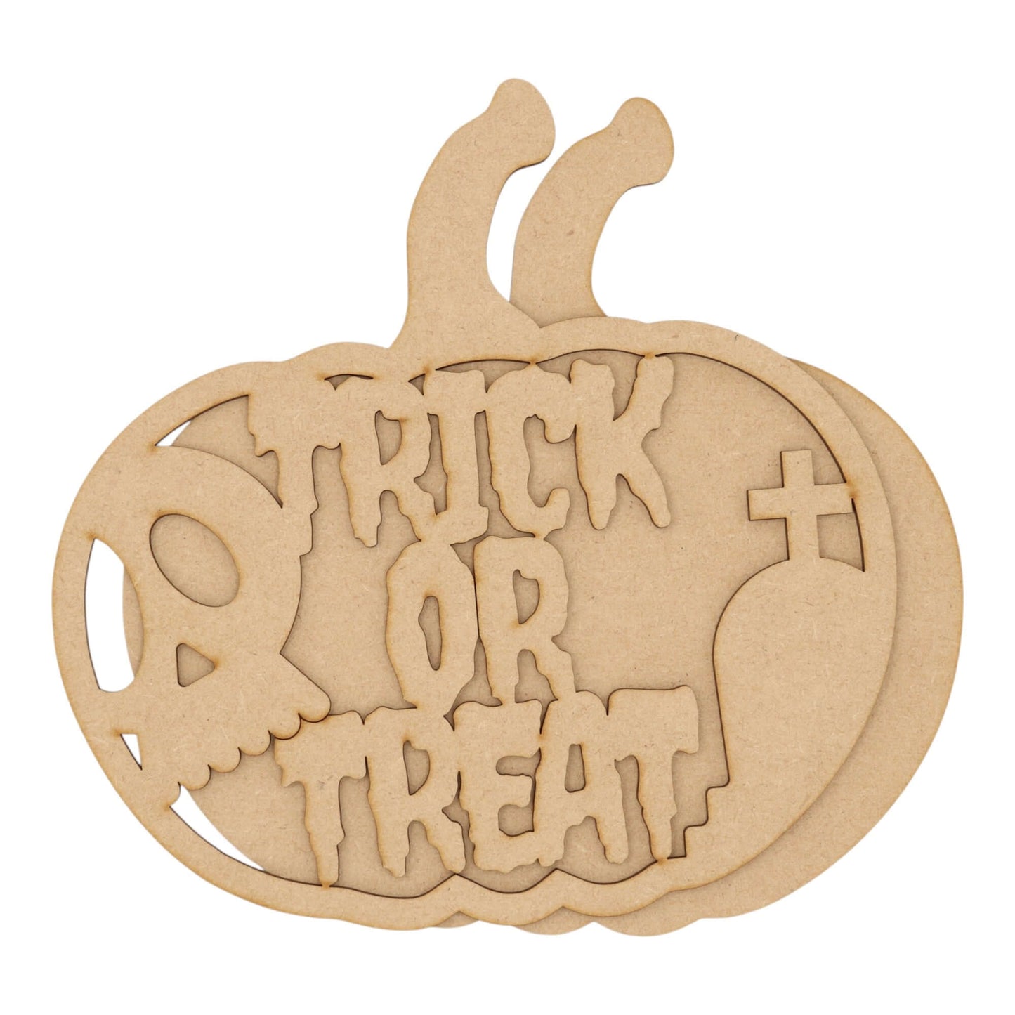 3D Wooden Halloween Pumpkin – Layered Trick or Treat & Gravestone Decoration, MDF laser-cut Trick or Treat pumpkin decoration.